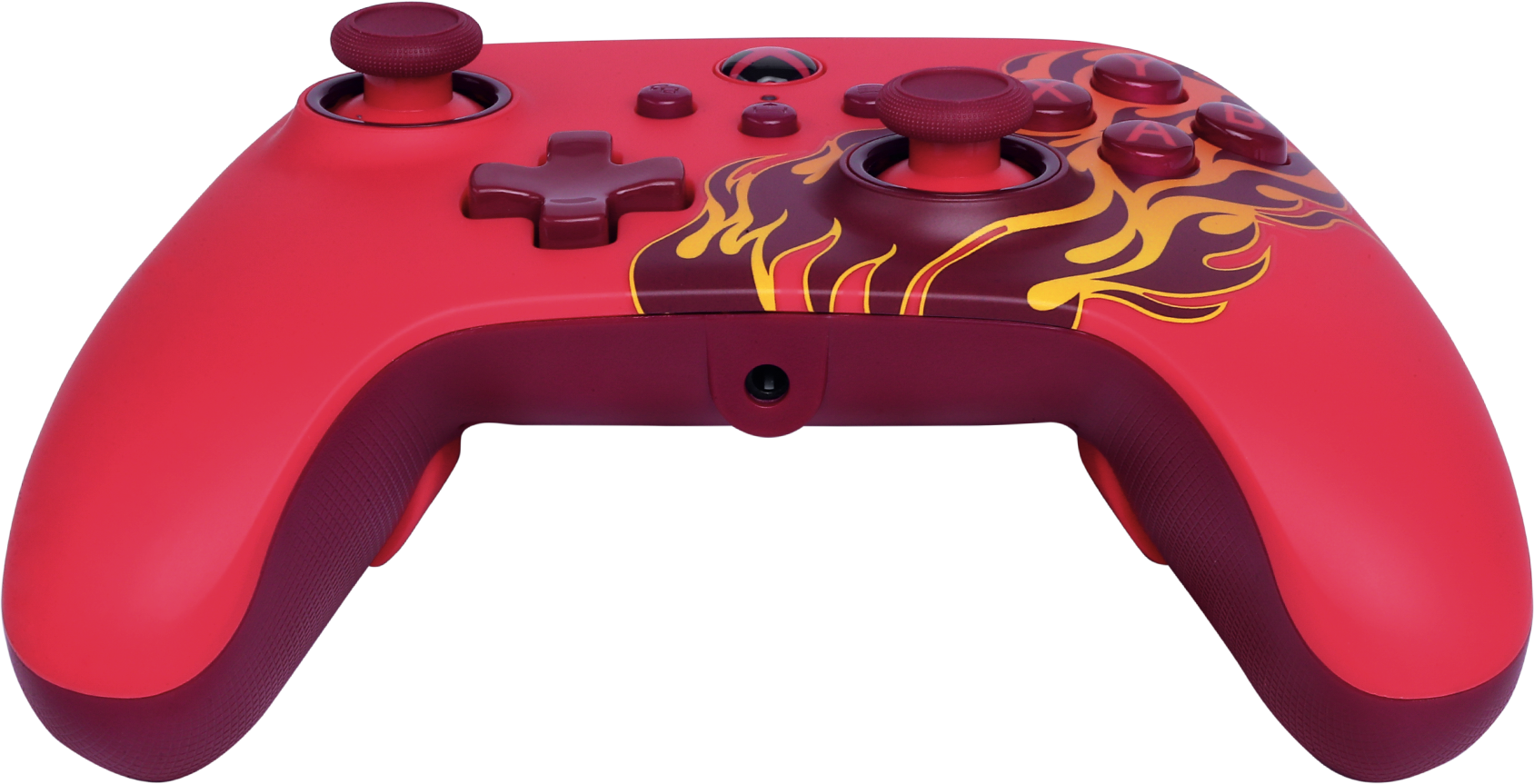 Piros és bordó Xbox-kontroller lángmintával. Gombokkal, hüvelykujjas vezérlőkkel és egyirányú panellel. Fekete háttéren.