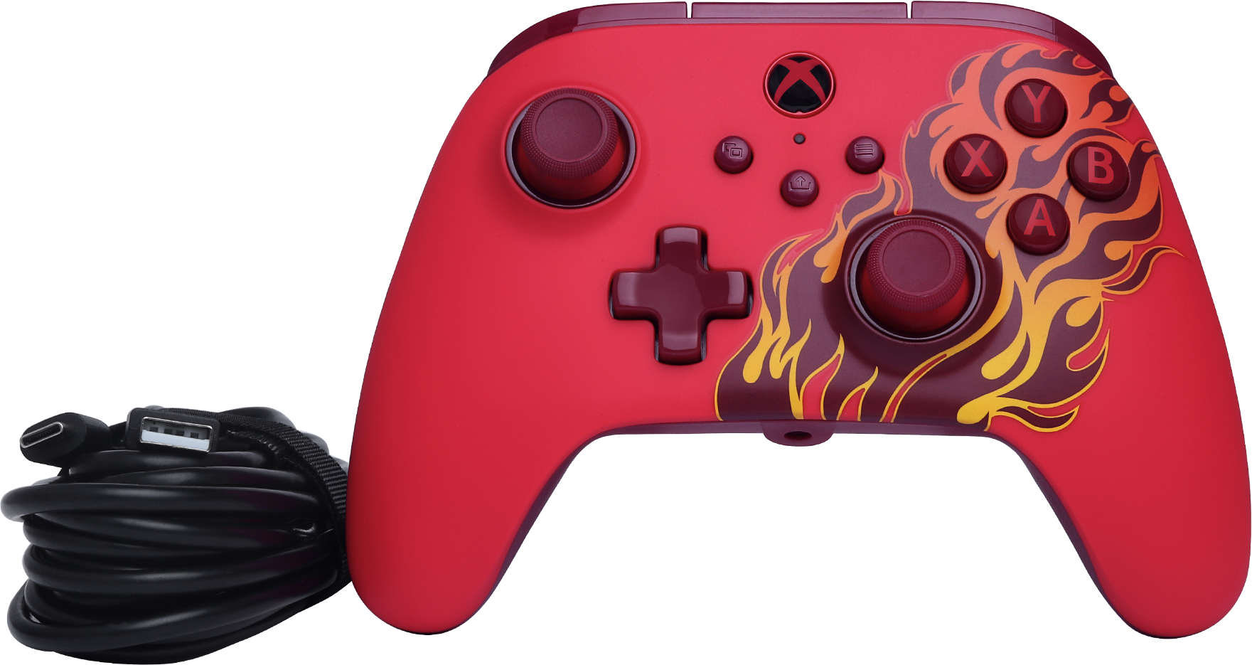 Piros Xbox kontroller lángmintával, fekete kábellel. Gombok: X, Y, A, B és egy D-pad. Fekete háttér.