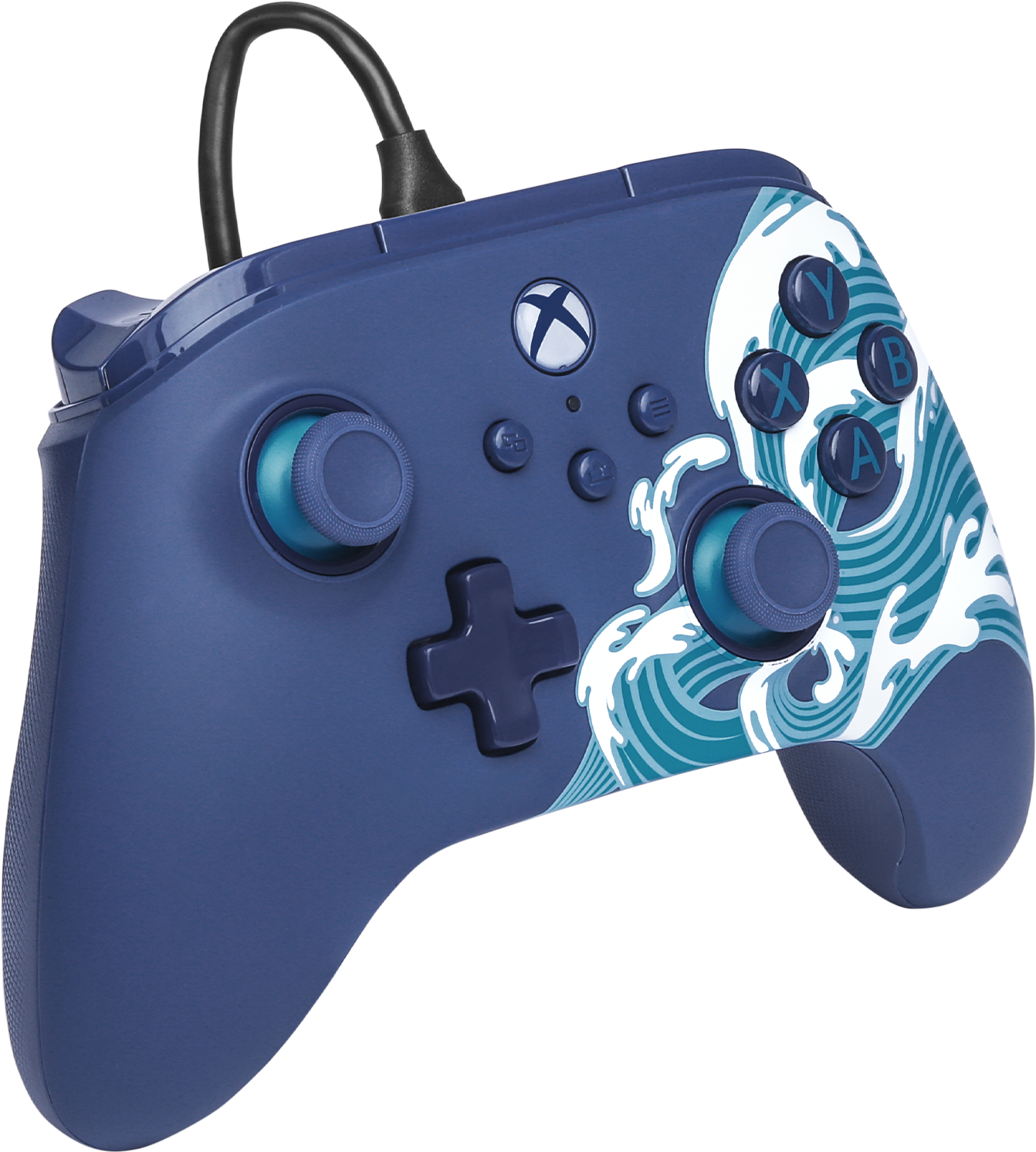 Kék Xbox kontroller hullám dizájnnal. Gombok, joystickek és egy D-pad van rajta. Fekete kábel csatlakozik a tetejéhez.