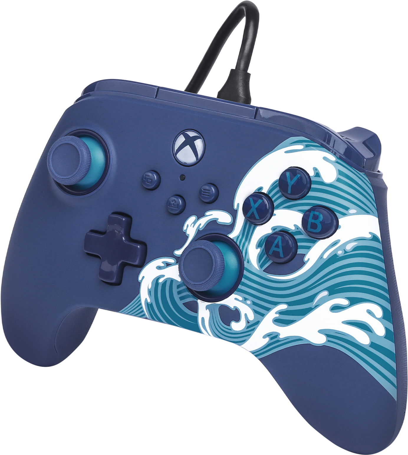 Xbox-kontroller kék-fehér hullám mintával. Gombok, hüvelykujjak és vezetékes kábel.