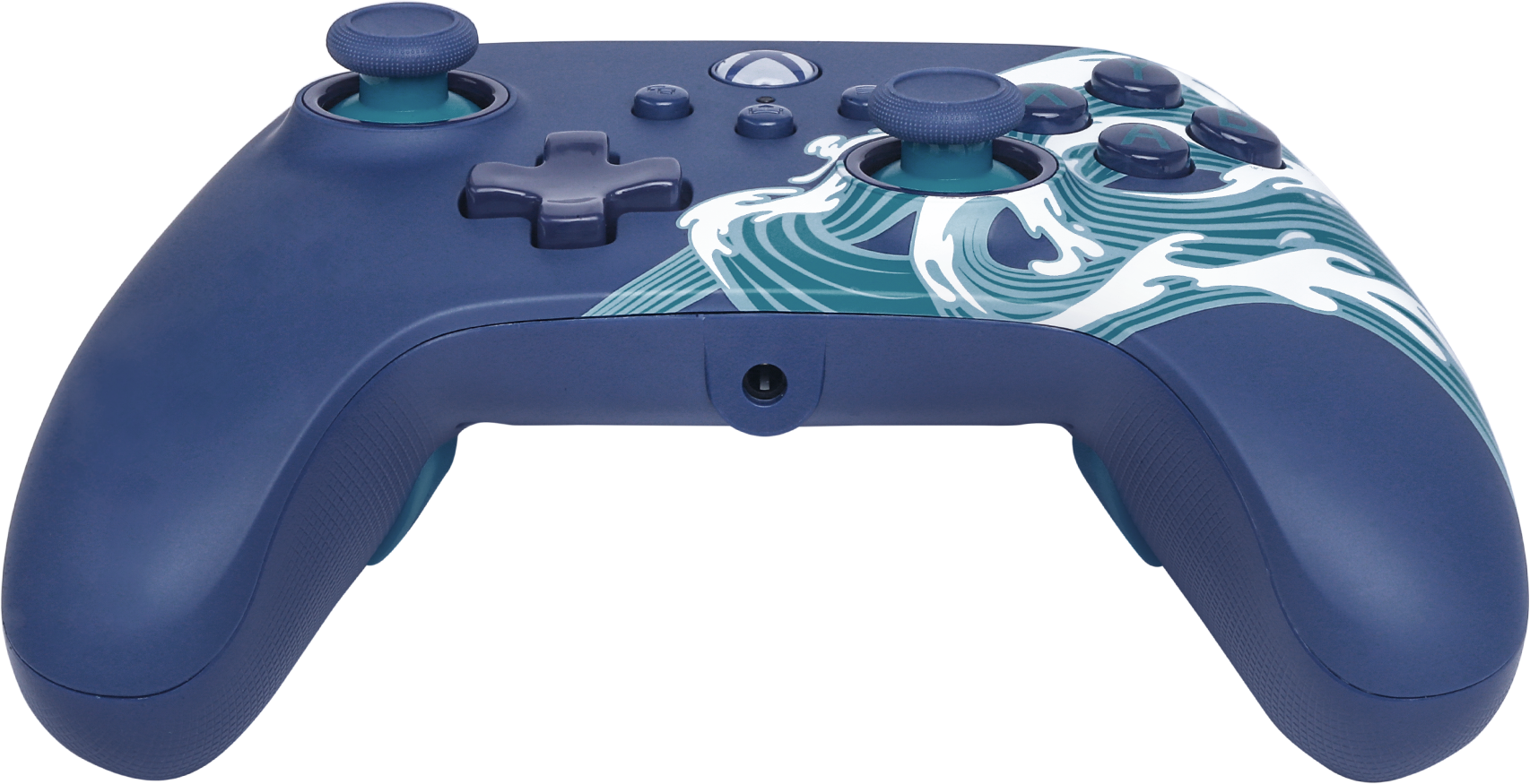 Kék Xbox kontroller hullám mintával. Gombok, analóg karok és egy D-pad található rajta.