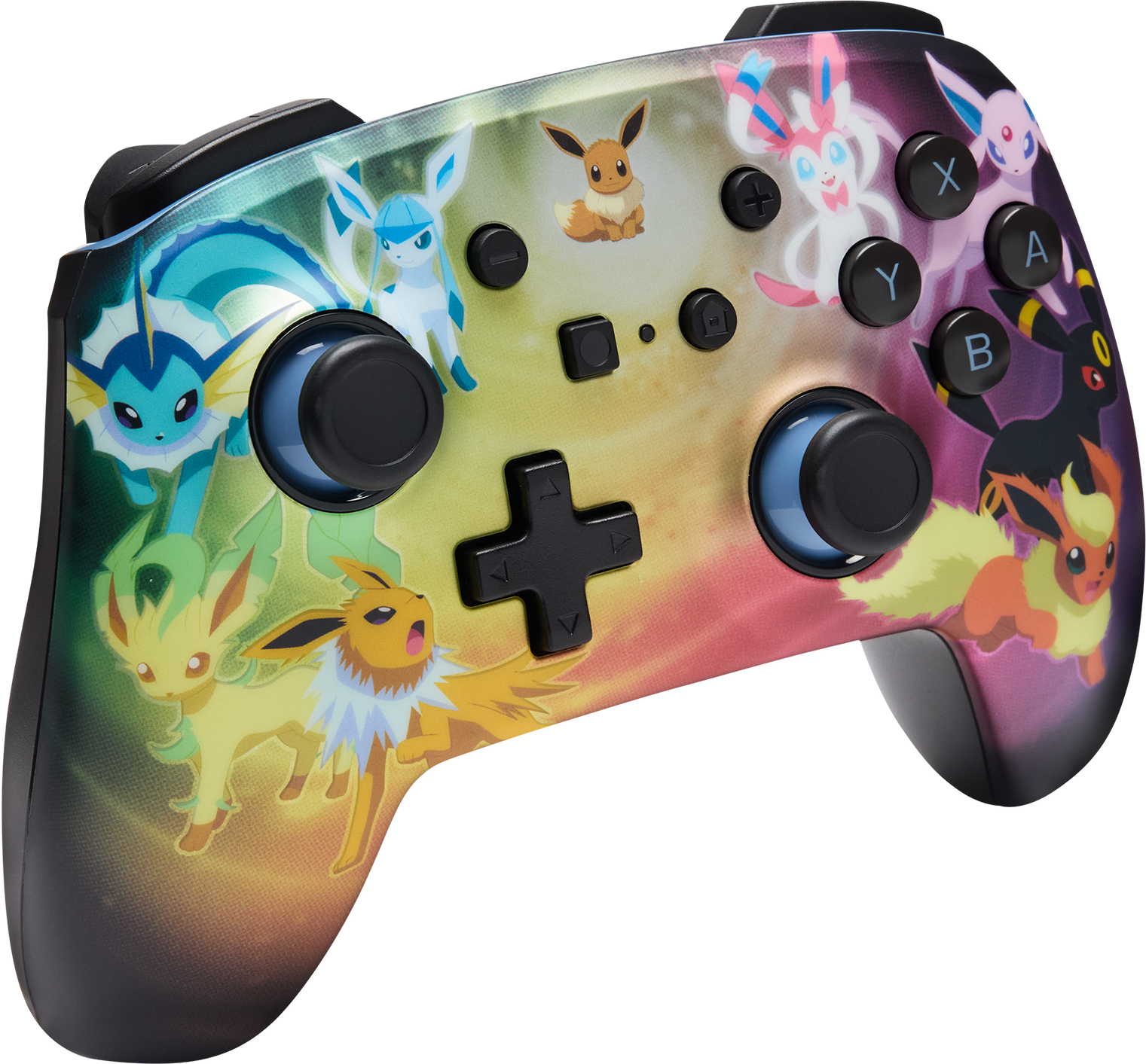 Színes Nintendo Switch vezérlő különböző Pokémon karakterekkel. Gombok és joystick láthatók, gradiens háttérrel.