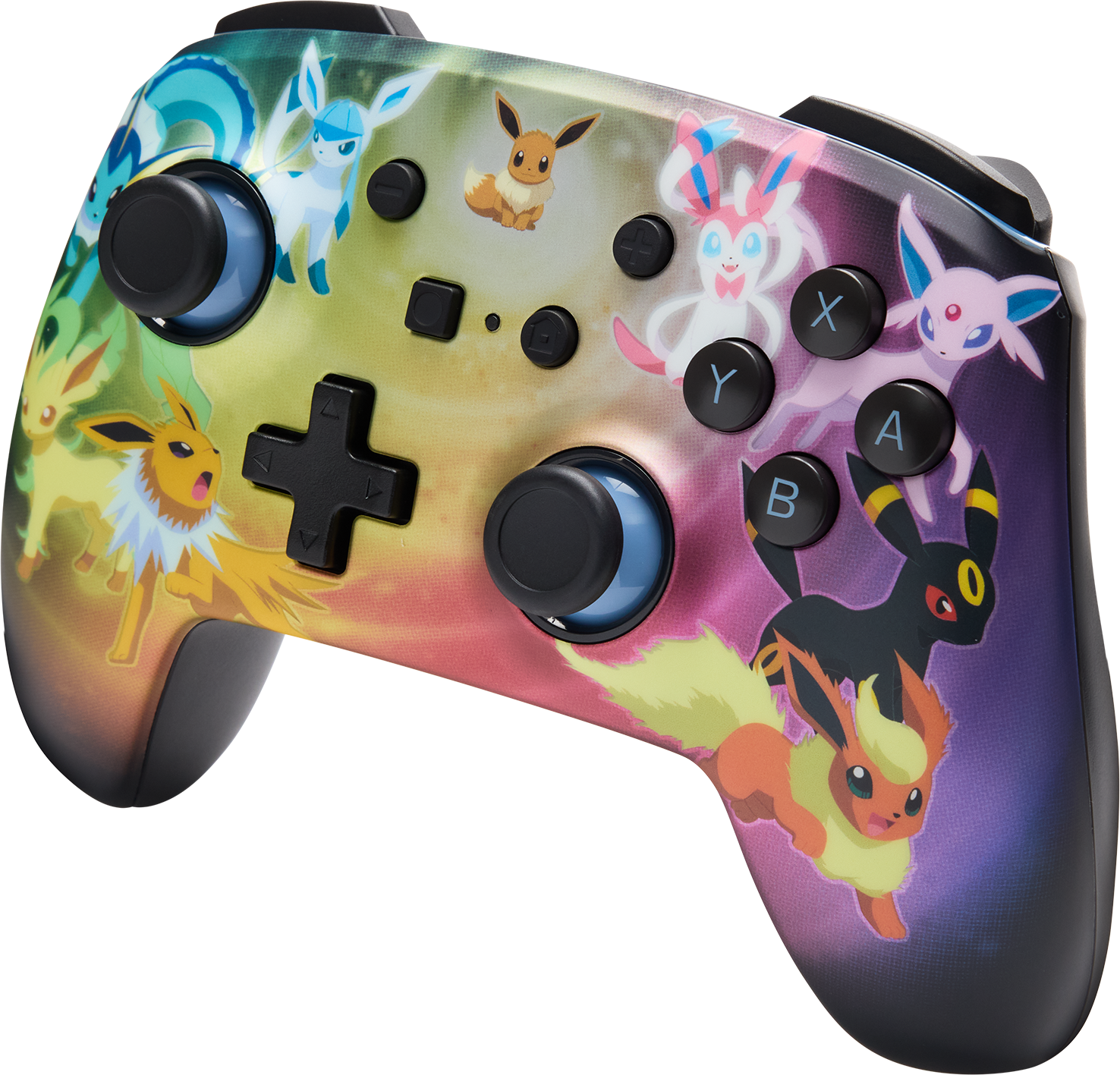 Egy színes Nintendo Switch Pro kontroller. Különböző Pokémon karaktereket, mint például Eevee és evolúcióit ábrázolja, átmenetes háttérrel.