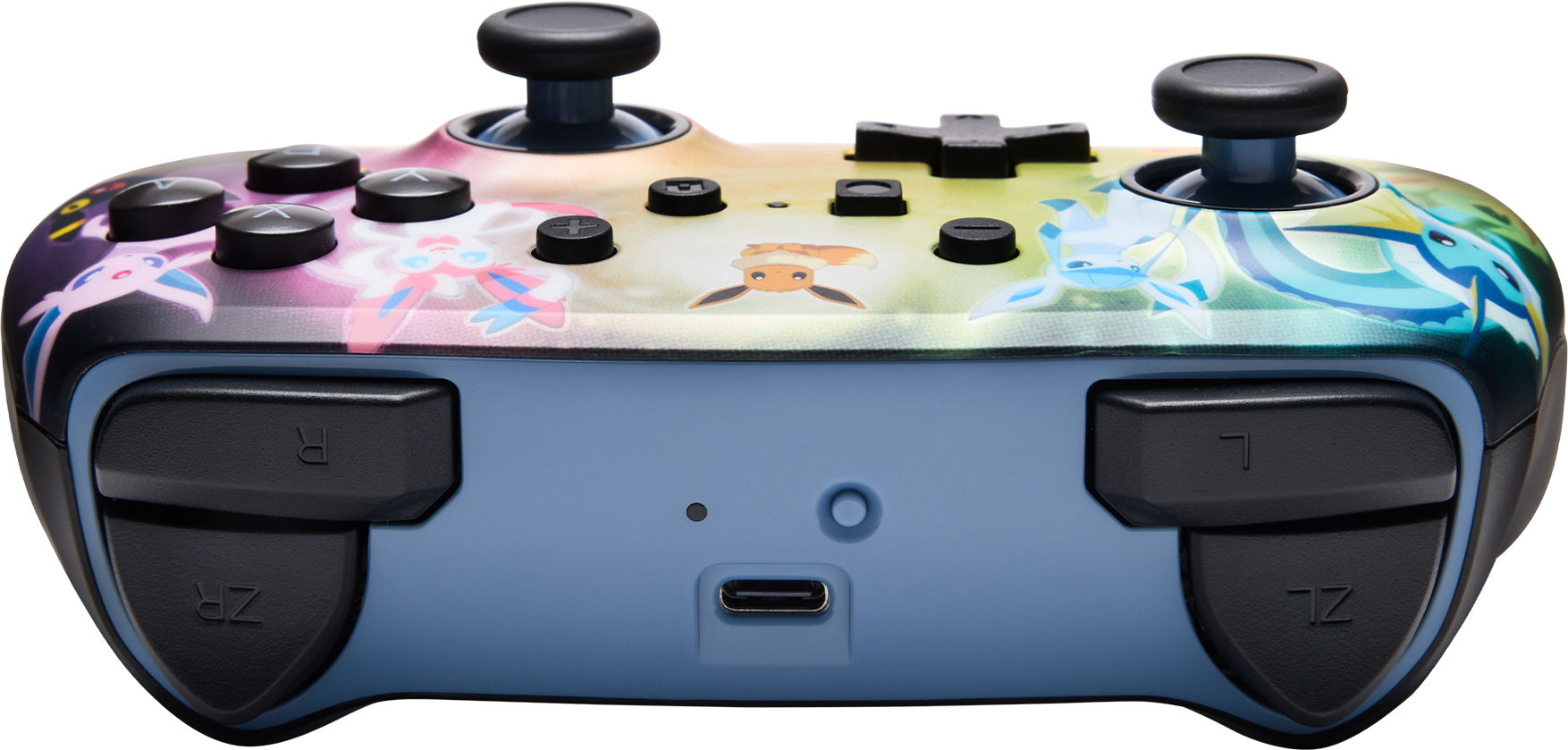 Egy színes Nintendo Switch kontroller Pokemon karakterekkel. Fekete gombok, kék joystickek és kék alap USB-C porttal.