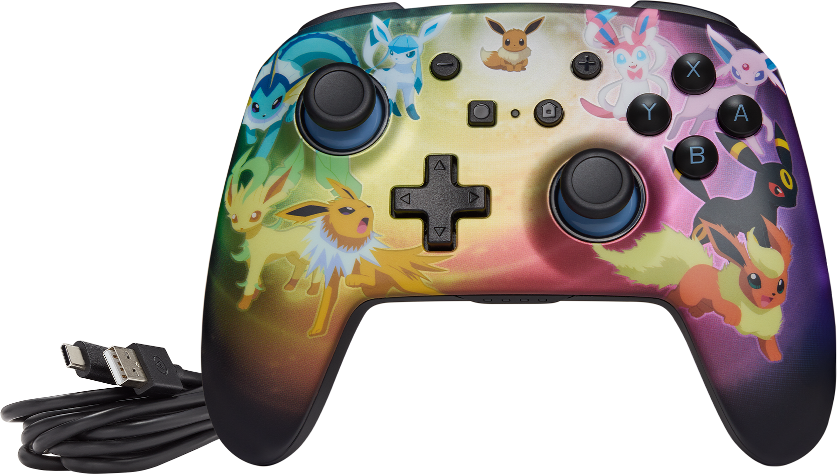 Egy színes Nintendo Switch vezérlő, Pokémon karakterekkel. Két joystickja, gombjai és USB-kábele van.