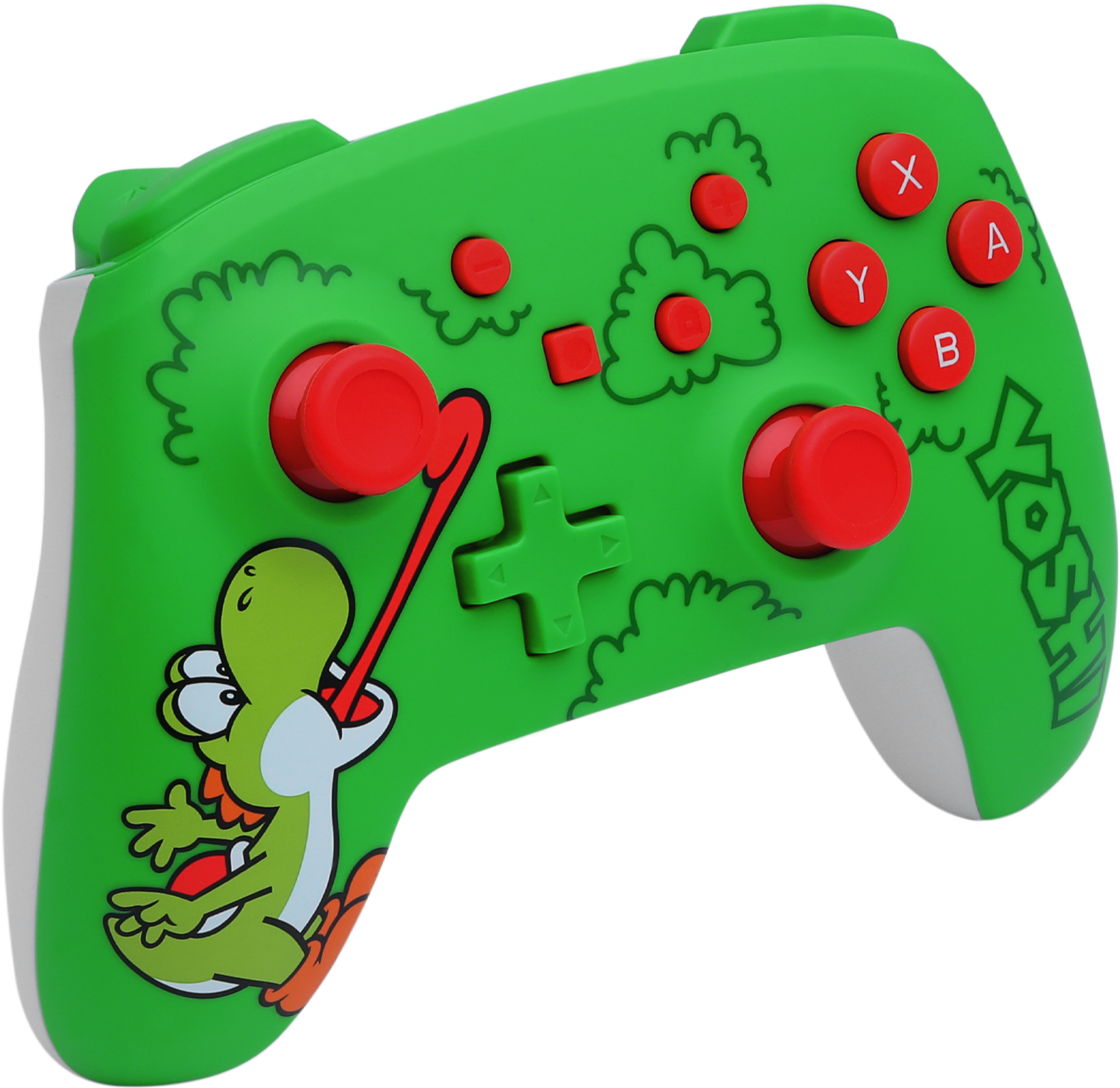 Zöld Yoshi témájú játékvezérlő. Piros gombok és joystick. Yoshi karakter a bal oldalon.