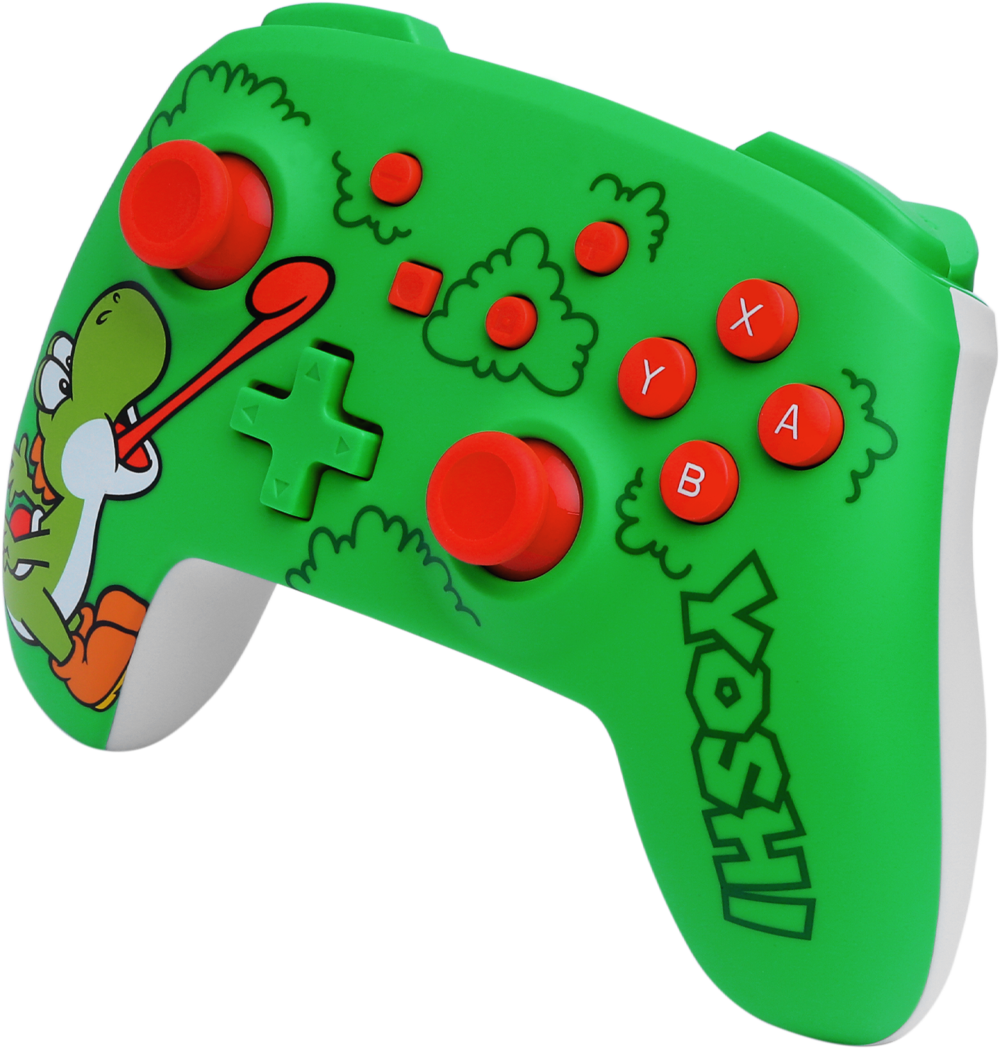 Zöld Yoshi Nintendo Switch vezérlő. Piros gombokkal, zöld D-paddal, Yoshi karakterrel bal oldalon.