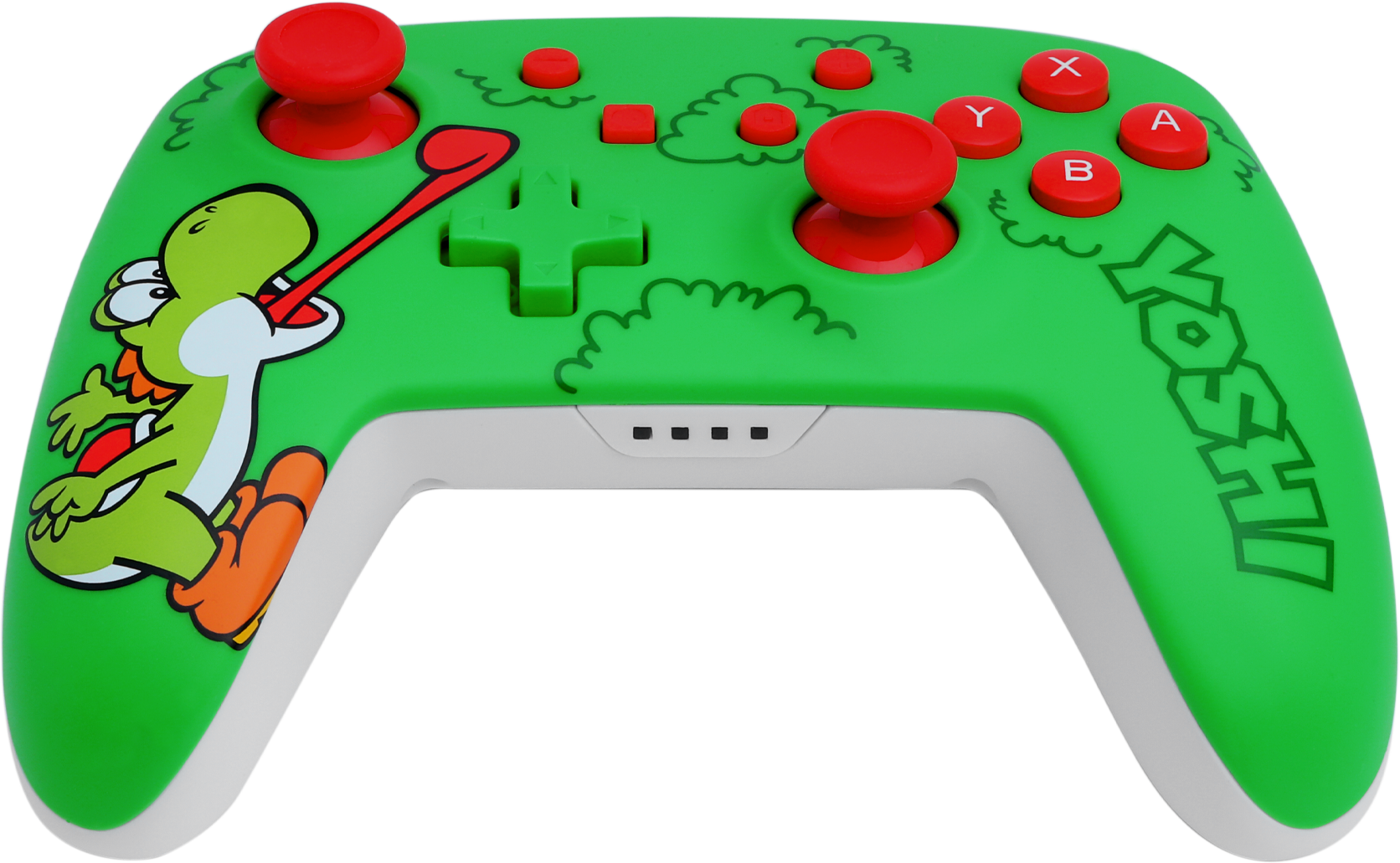 Zöld Yoshi témájú játékvezérlő piros gombokkal. Yoshi grafika az oldalon. Fehér és zöld színvilág.