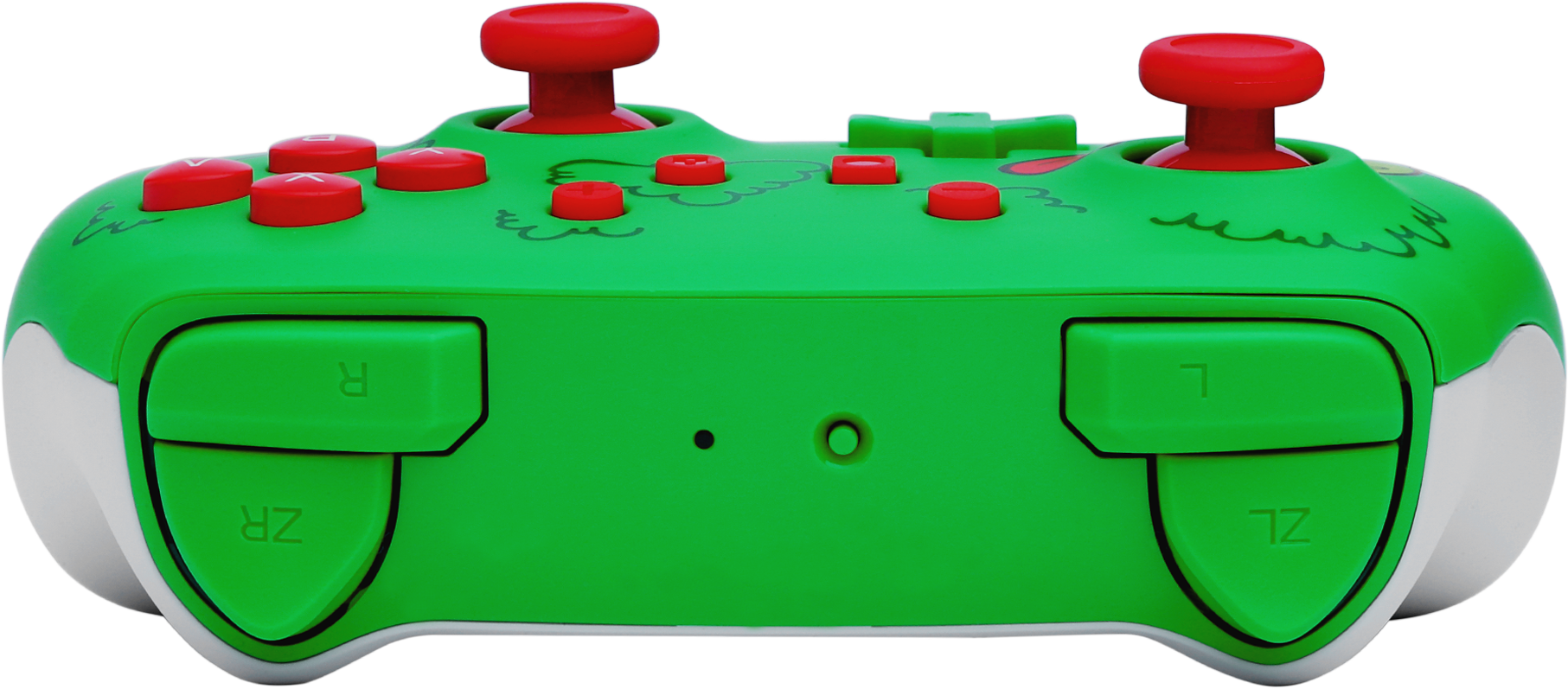 Zöld-fehér játékvezérlő. Piros gombok és joystickok. Zöld ravaszok, gombok és test. Díszítő zöld vonalak.