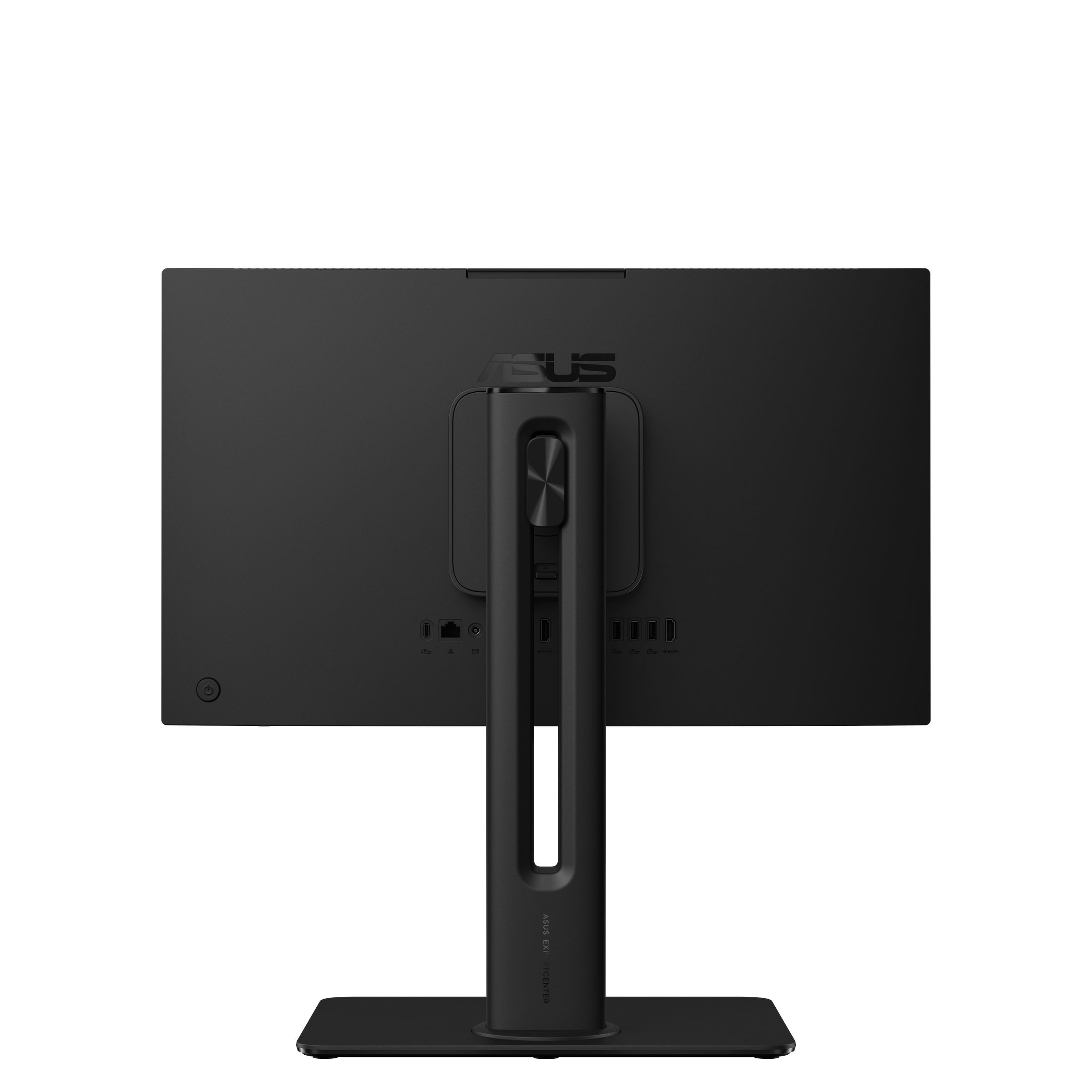 Arrière d'écran d'ordinateur noir avec ports et support. Le logo ASUS est visible. Fond gris.