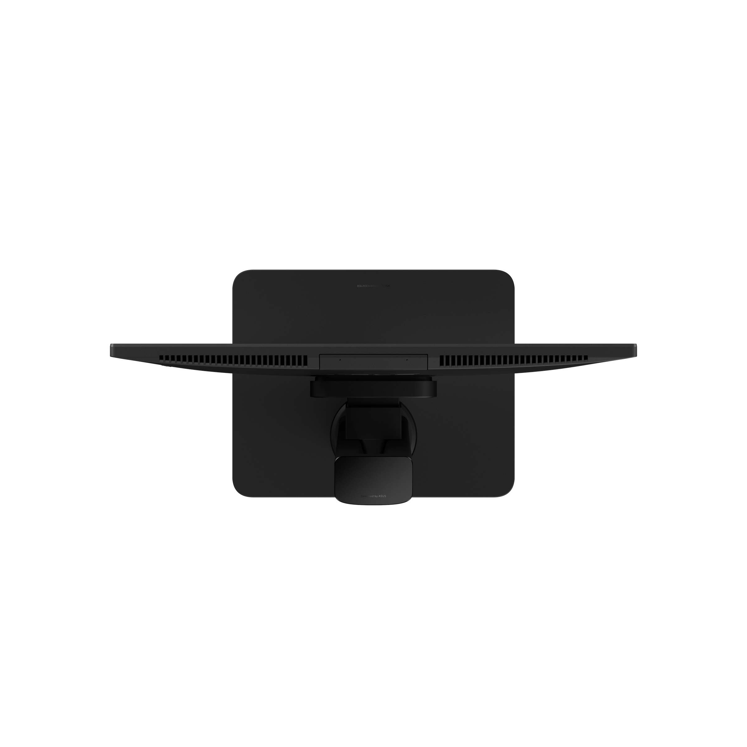 Vue de dessus d'un écran d'ordinateur noir. Le fond est gris. Le moniteur est sur un support.