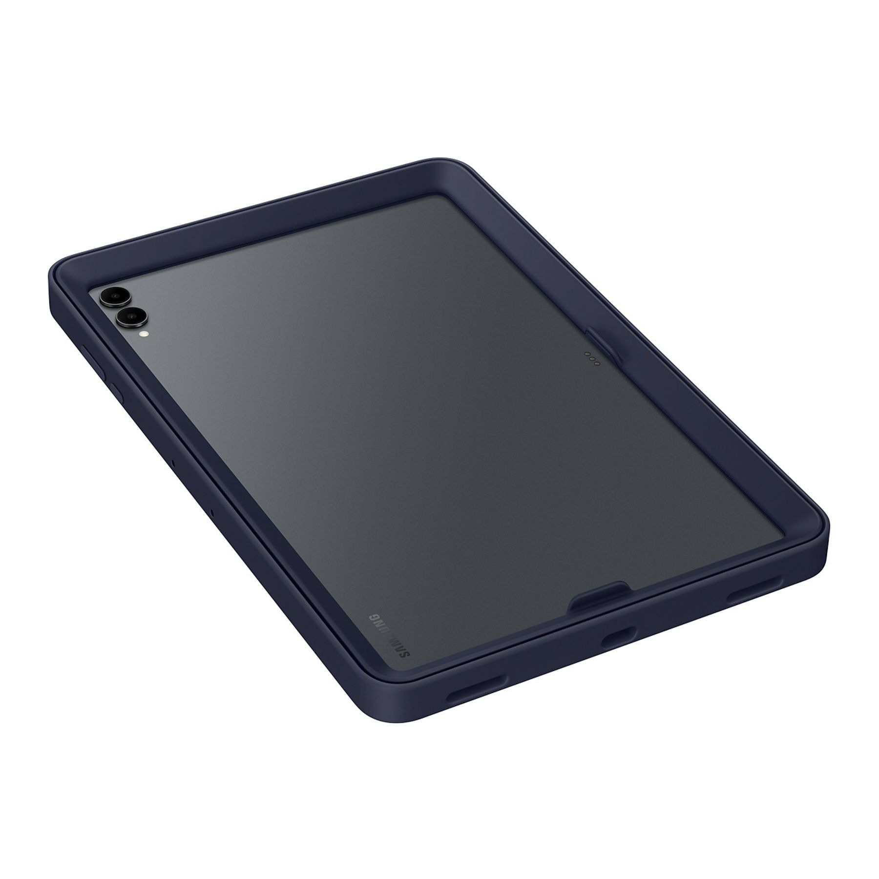 A tablet in a dark blue case, angled on a white surface. Dual cameras are visible.