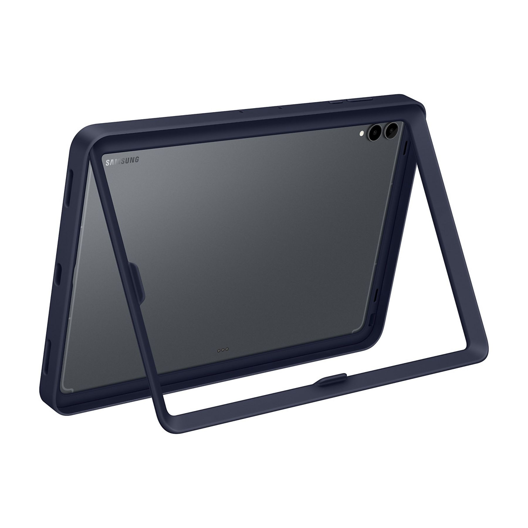 A dark blue tablet is in a frame, the frame is also dark blue. The tablet has the Samsung logo.