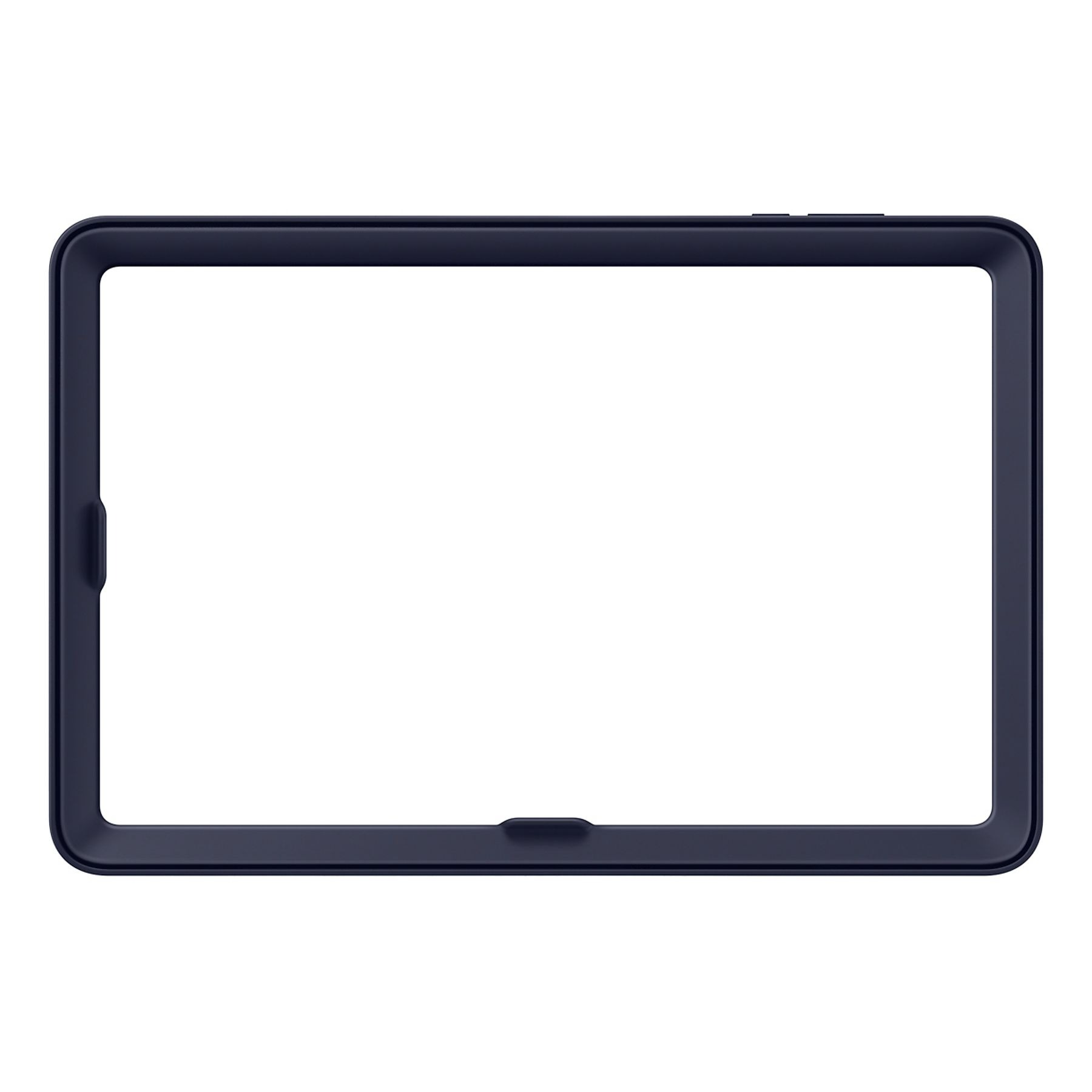 A navy blue frame with rounded corners is centered on a white background. It has small buttons on top and a bump at the bottom.