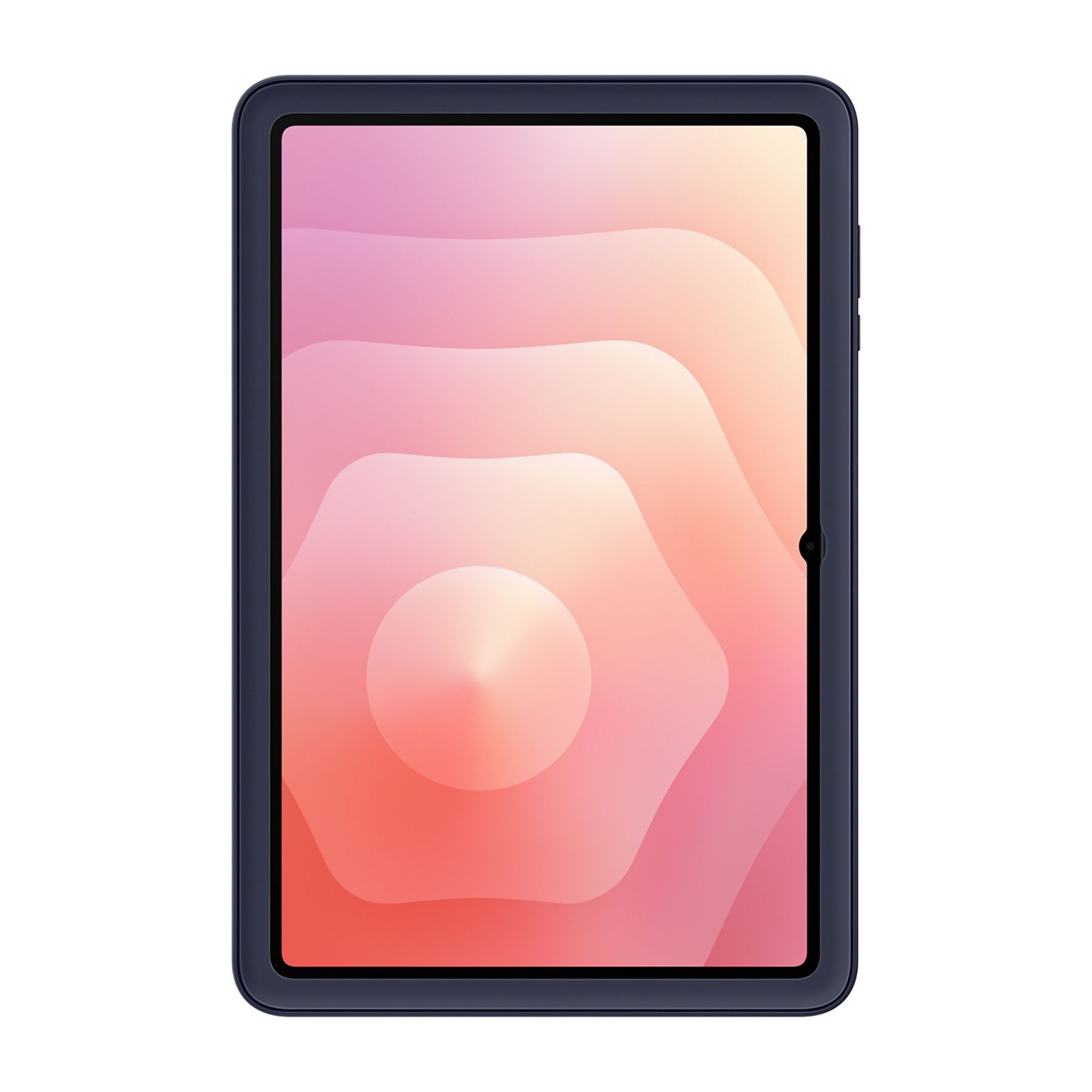 Tablet with a gradient pink and peach colored screen, enclosed in a dark blue frame, isolated on white.