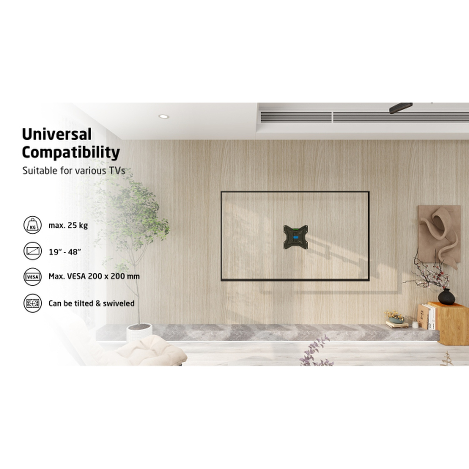 Afbeelding toont een tv-beugel aan een houten muur. Het kan tv's van 19-48 inch bevatten, max. 25 kg, en kan worden gekanteld en gedraaid.