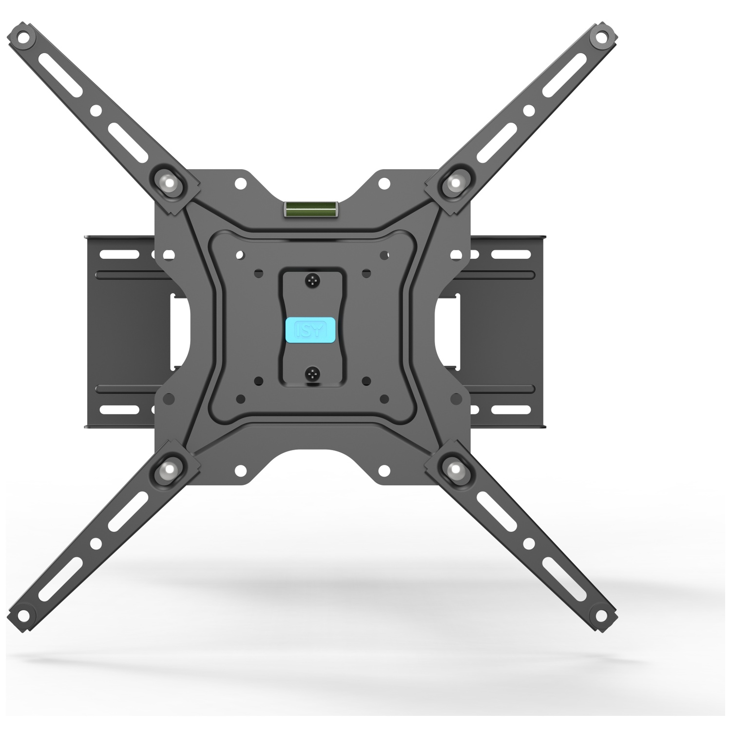 A black TV wall mount, with four angled arms and a central mounting plate. It has a level and a blue logo.
