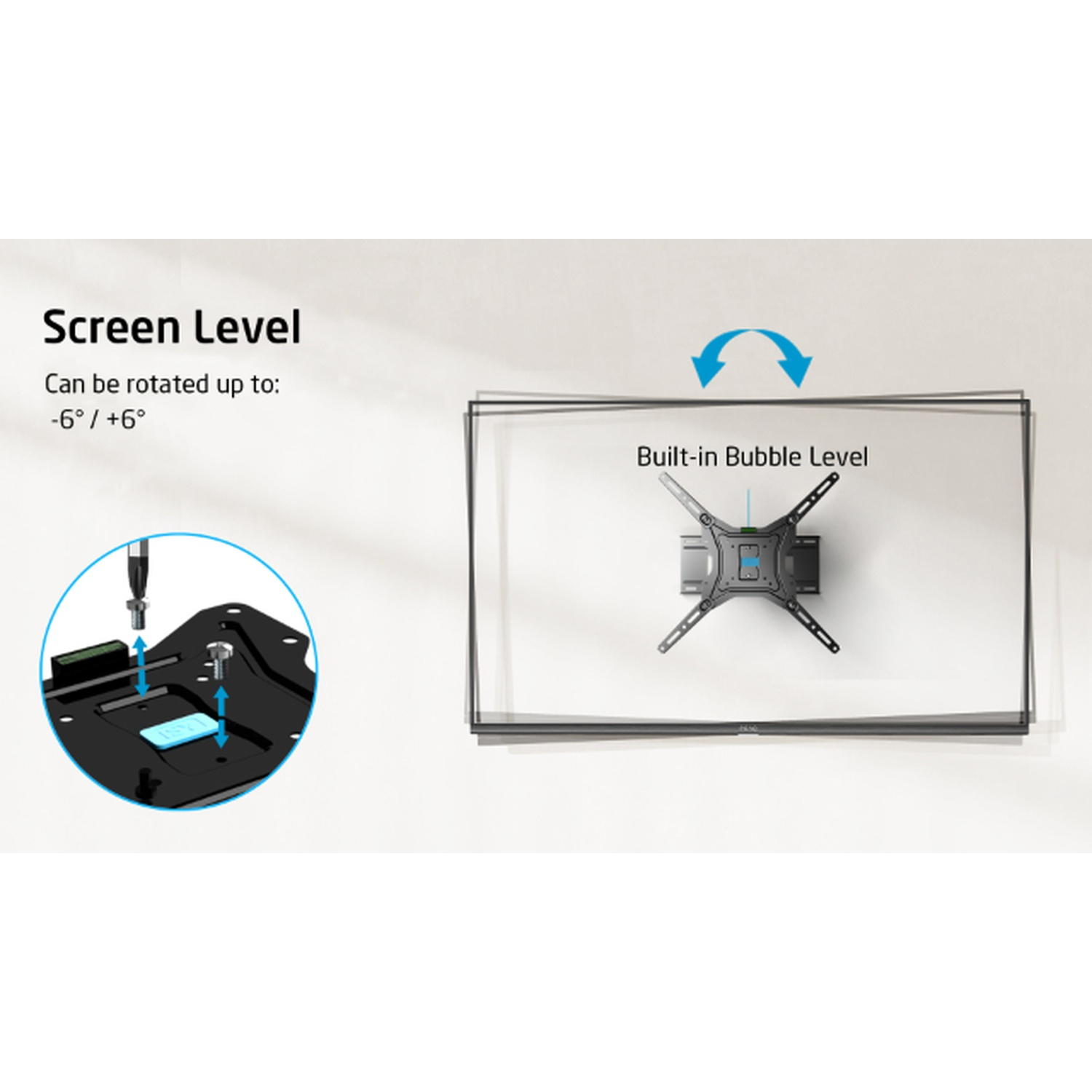 Image shows a TV mount with bubble level, and a close-up of adjustments. Text indicates screen level and rotation up to +/- 6 degrees.