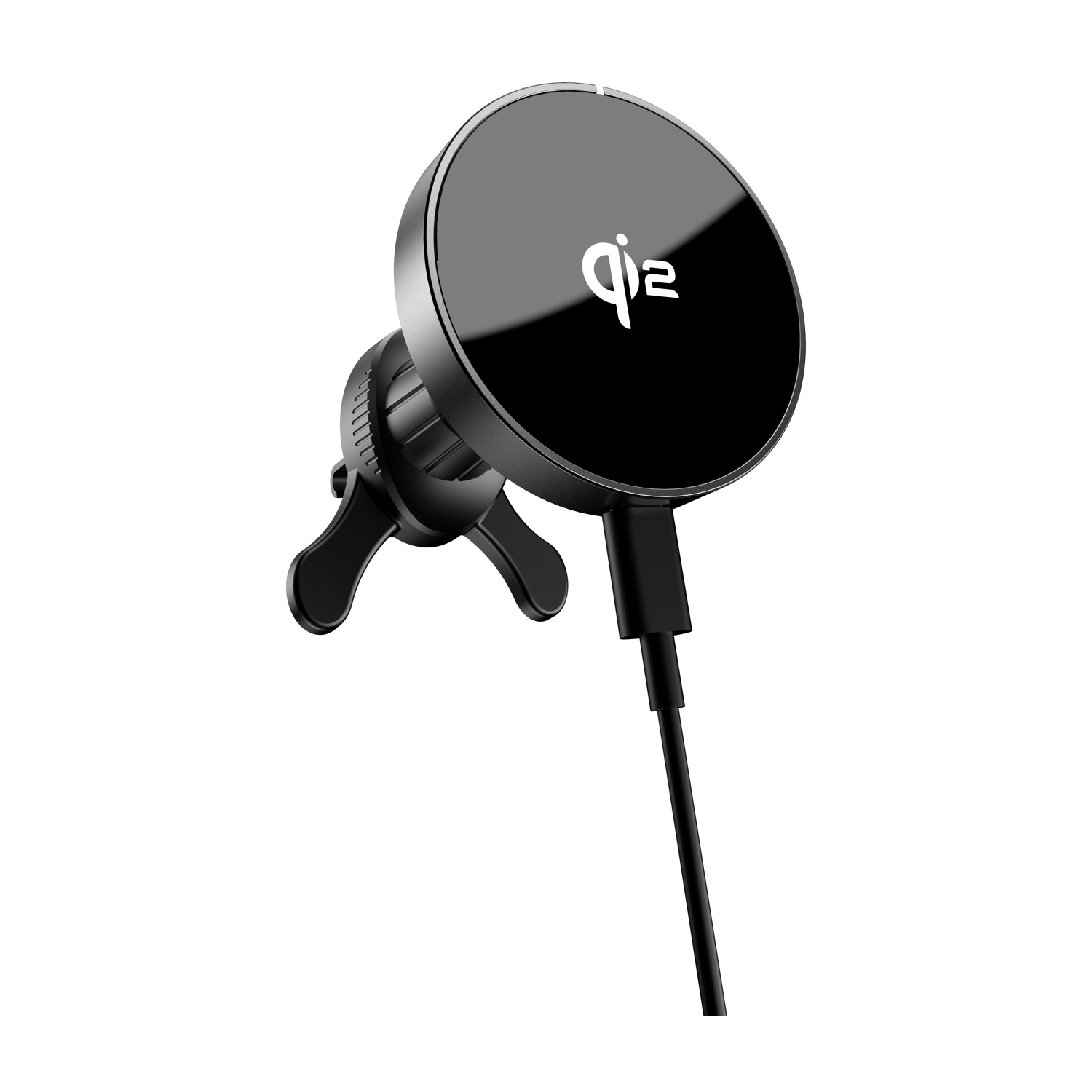 Un supporto per telefono da auto nero. Ha una superficie magnetica rotonda con logo 'qi2' bianco, una clip e un cavo nero.