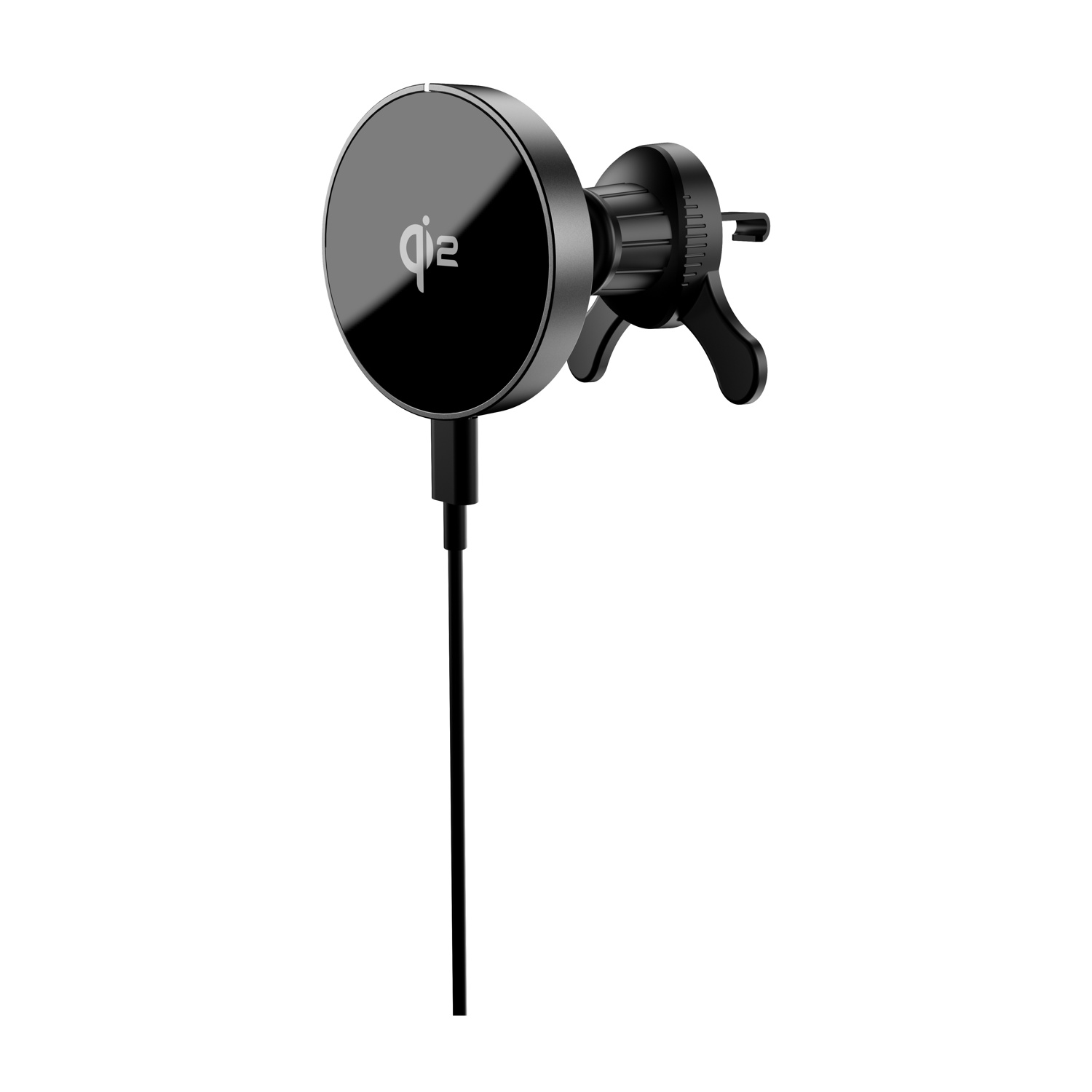 Un supporto nero per telefono da auto. Ha un pad di ricarica rotondo con logo, una clip e un lungo cavo.