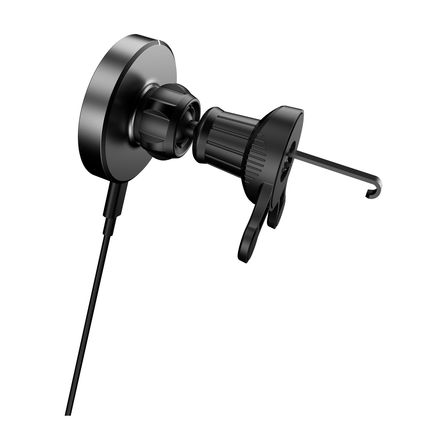 Un supporto nero per telefono da auto. Ha una base magnetica, un braccio regolabile e una clip per bocchetta. È collegato un cavo nero.