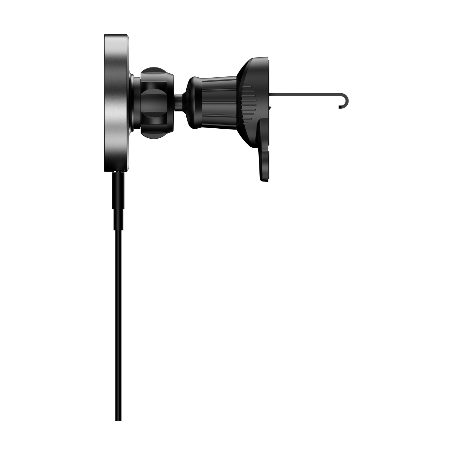 Un supporto nero per telefono da auto. Ha un supporto magnetico, uno snodo sferico e un lungo braccio con un gancio. È visibile un cavo nero.