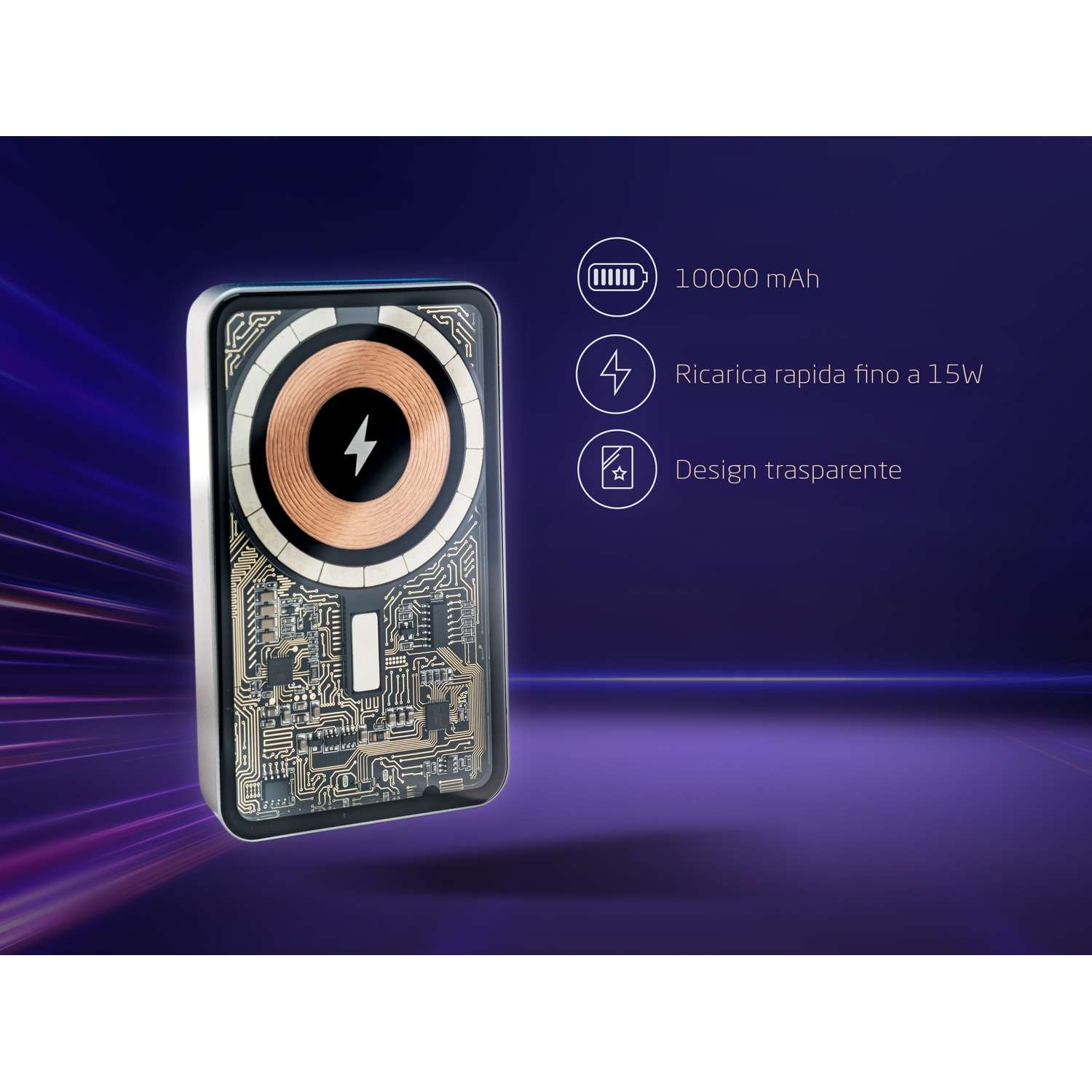 Un caricabatterie wireless trasparente con circuito interno visibile, con simbolo del fulmine. Testo: 10000 mAh, Ricarica rapida fino a 15W, Design trasparente.