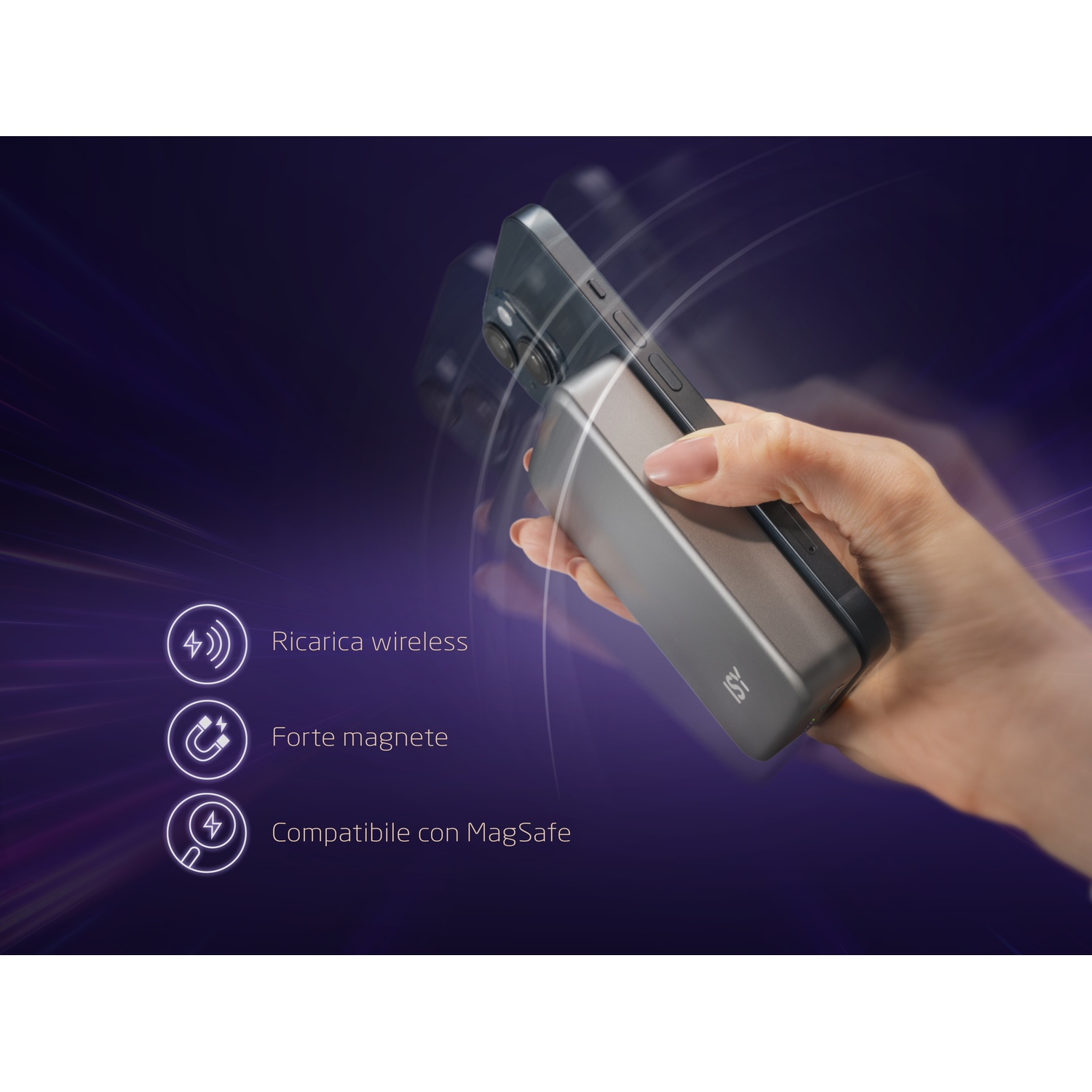 Una mano che tiene un telefono, con un caricatore collegato. Caratteristiche: ricarica wireless, magneti potenti, compatibilità MagSafe.