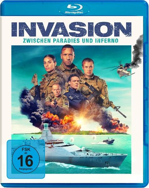 Blu-ray-Cover mit Kriegsszene. Soldaten, ein Hubschrauber und ein Schiff sind abgebildet. Der Titel lautet 'INVASION'. FSK 16.