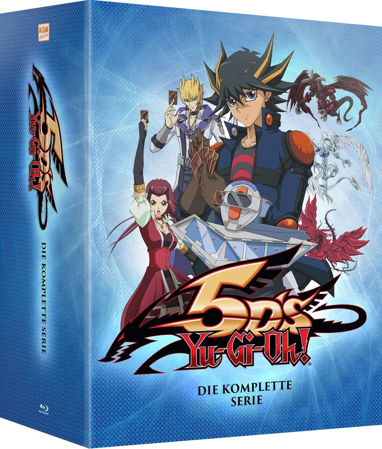 Boxart für Yu-Gi-Oh! 5D's. Mit Anime-Charakteren, Drachen und dem Serienlogo. Blauer Hintergrund mit deutschem Text.