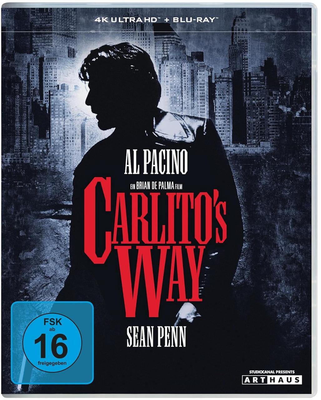 Carlito's Way Blu-ray-Cover. Al Pacino im Schatten vor Stadtkulisse. Roter Titel. FSK 16-Rating.