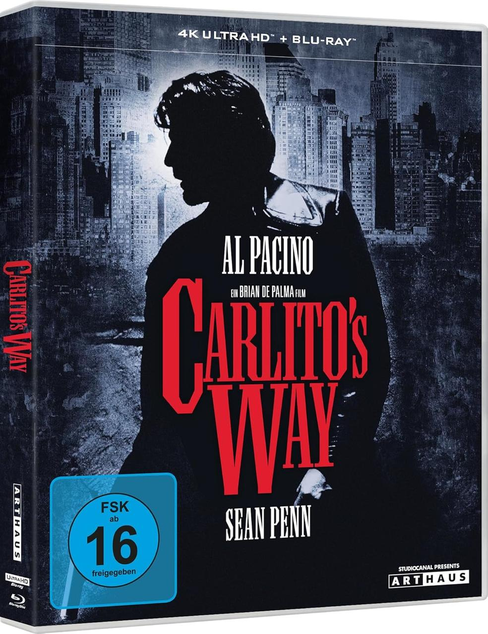 DVD-Cover. Eine Silhouette eines Mannes mit Gebäuden im Hintergrund. Der Titel lautet Carlito's Way. Die Schauspieler sind Al Pacino und Sean Penn.