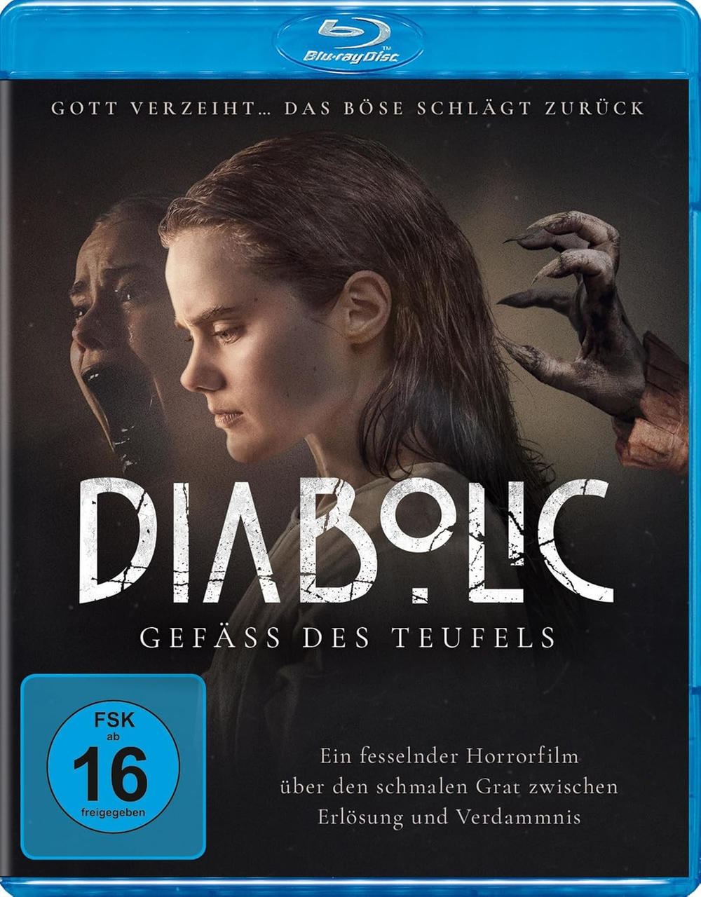 Blu-ray-Cover. Eine Frau blickt nach unten, eine andere schreit hinter ihr. Eine dämonische Hand greift danach. Der Titel 'DIABOLIC'.