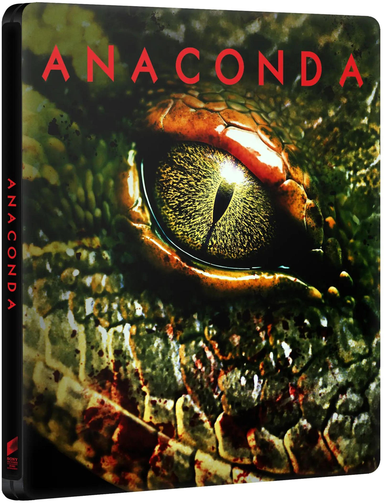 Nahaufnahme eines Anaconda-Auges, mit rotem 'Anaconda'-Text darüber. Schuppen und Augendetails sind sichtbar.