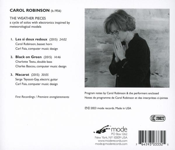 Albumcover: Carol Robinson, Text, Foto einer Frau mit gefalteten Händen. Details der Musik: The Weather Pieces.