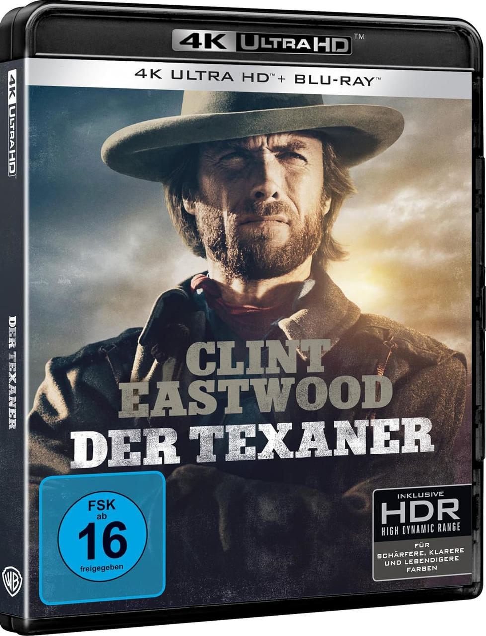Blu-ray-Cover für 'Der Texaner' mit Clint Eastwood. Zeigt Eastwood mit Hut, Titel und Altersfreigabe. HDR-Logo ebenfalls vorhanden.
