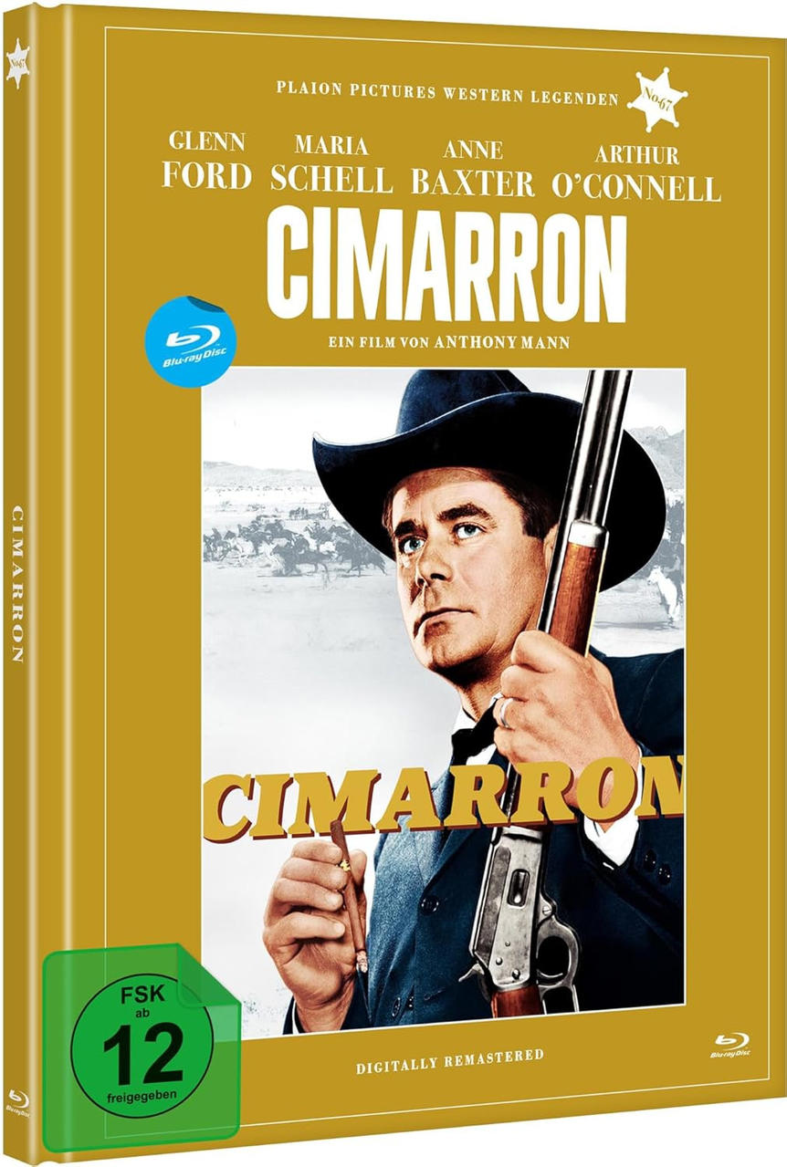 DVD-Cover für 'Cimarron'. Ein Mann mit Cowboyhut hält ein Gewehr. Der Titel ist prominent, mit Namen der Schauspieler oben.