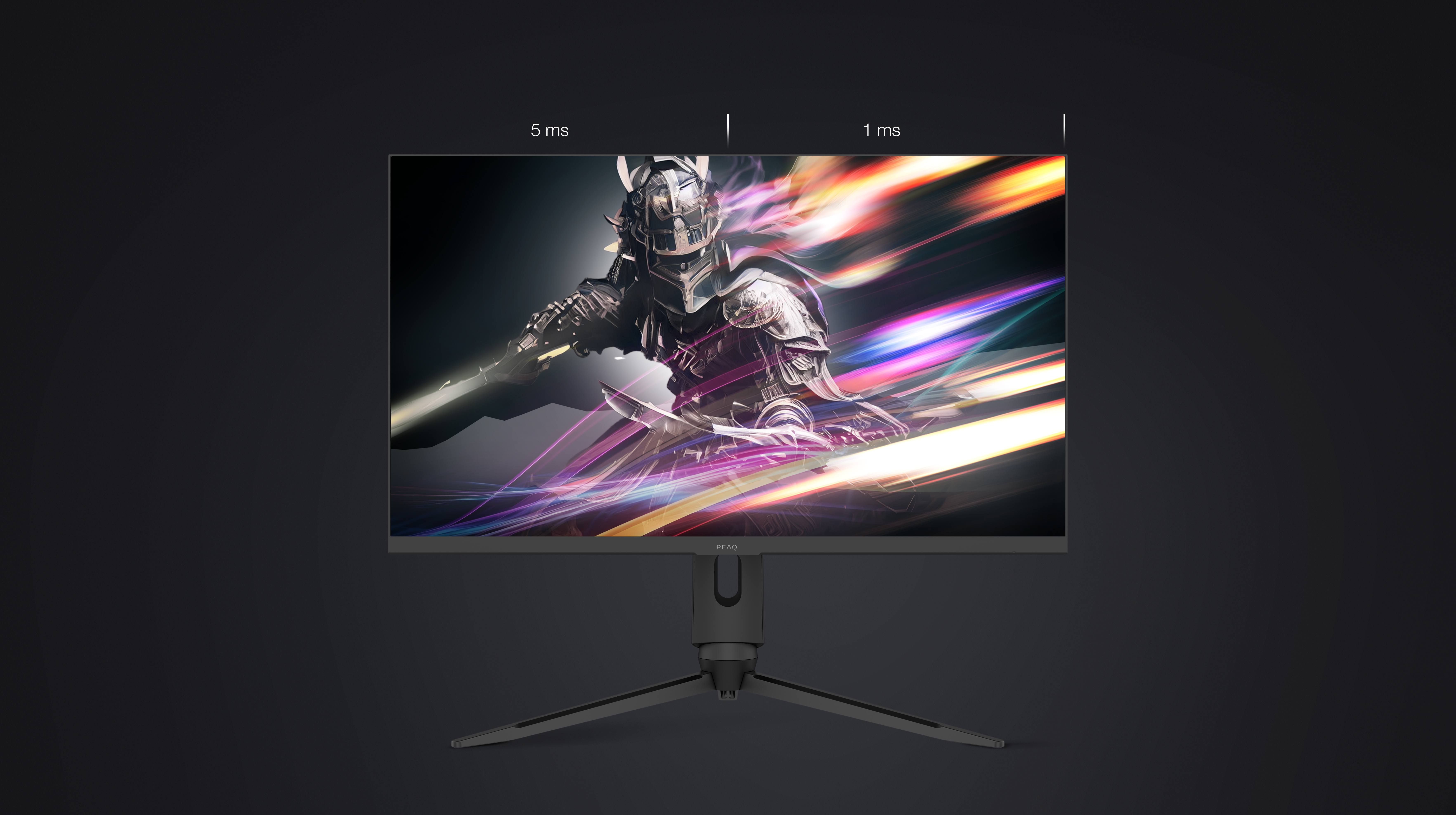 Ein Computermonitor zeigt einen Ritter mit Schwert mit bunten Lichtstreifen. Der Monitor hat einen schwarzen Ständer vor schwarzem Hintergrund.