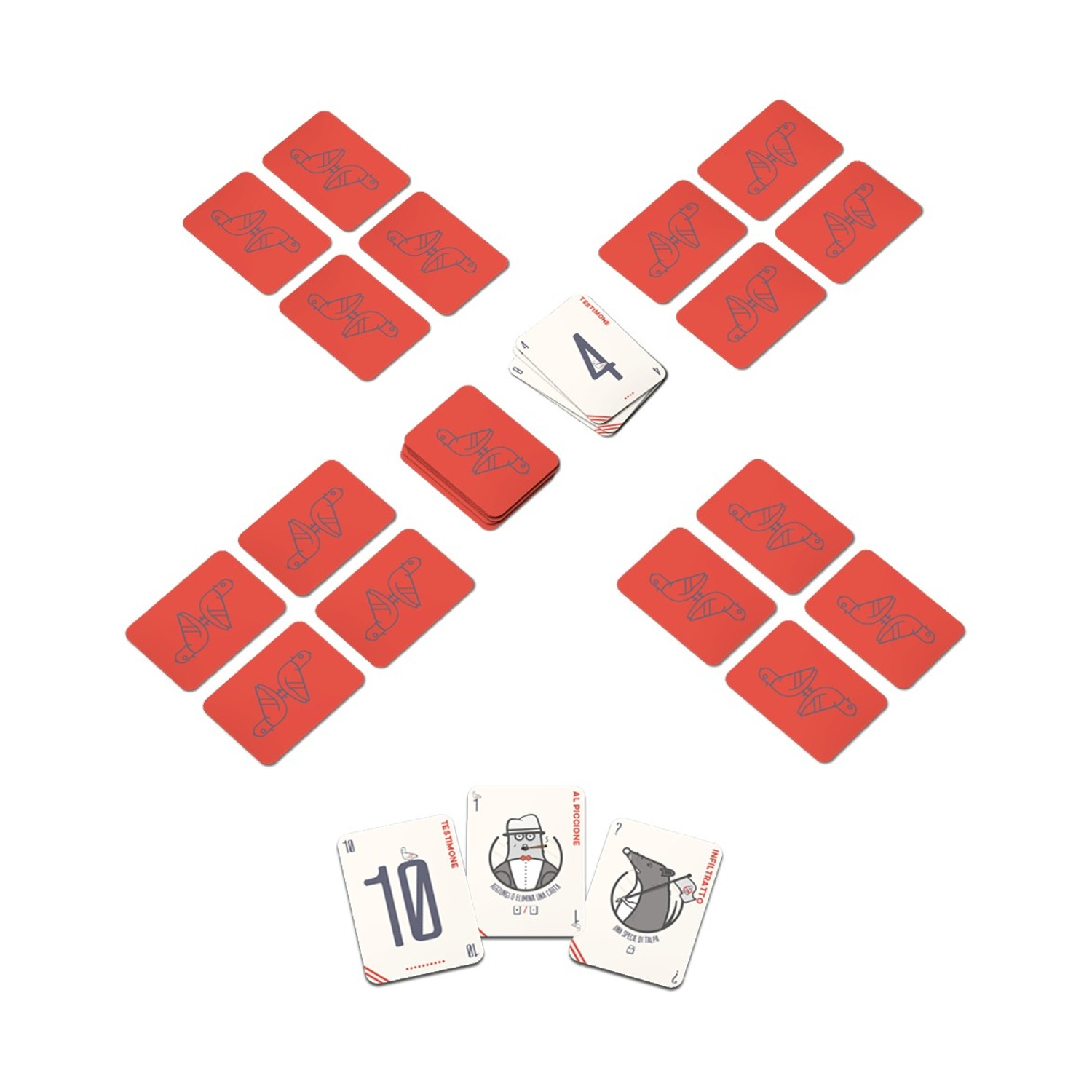 Le carte sono disposte in un motivo. Ci sono carte rosse con icone di uccelli e carte bianche con numeri e personaggi. Lo sfondo è bianco.