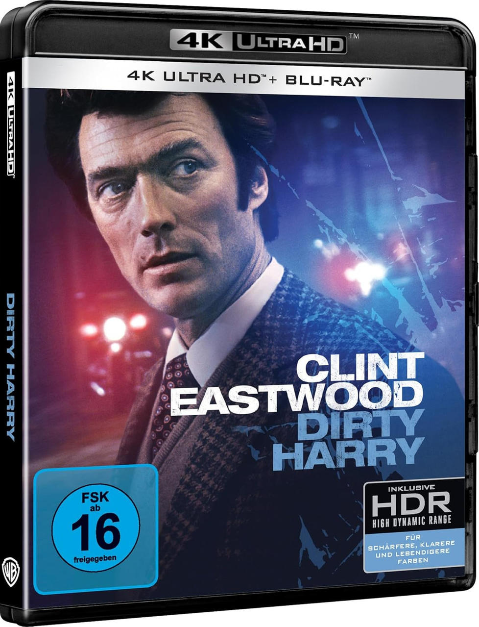 DVD-Cover für 'Dirty Harry' mit Clint Eastwood. Die Blu-ray-Hülle zeigt Filmtitel, Altersfreigabe und HDR-Details.
