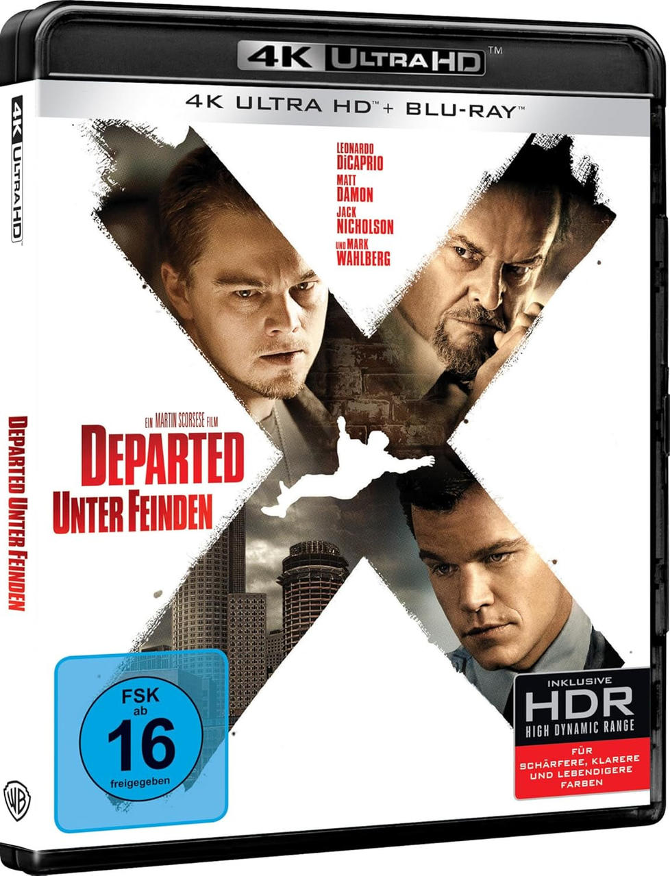 Das Cover der 4K Blu-ray von Departed. Mit Schauspielern wie Leonardo DiCaprio. Der Titel ist auf Deutsch, mit Stadtbild im Hintergrund.