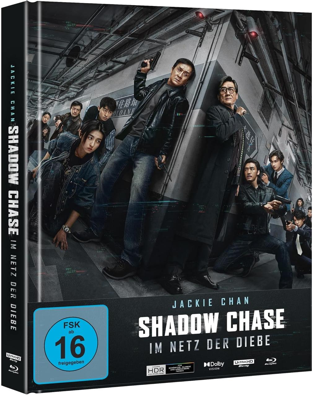 DVD-Cover von Shadow Chase mit Jackie Chan. Mehrere Personen halten Waffen. Der Titel ist auf Deutsch.