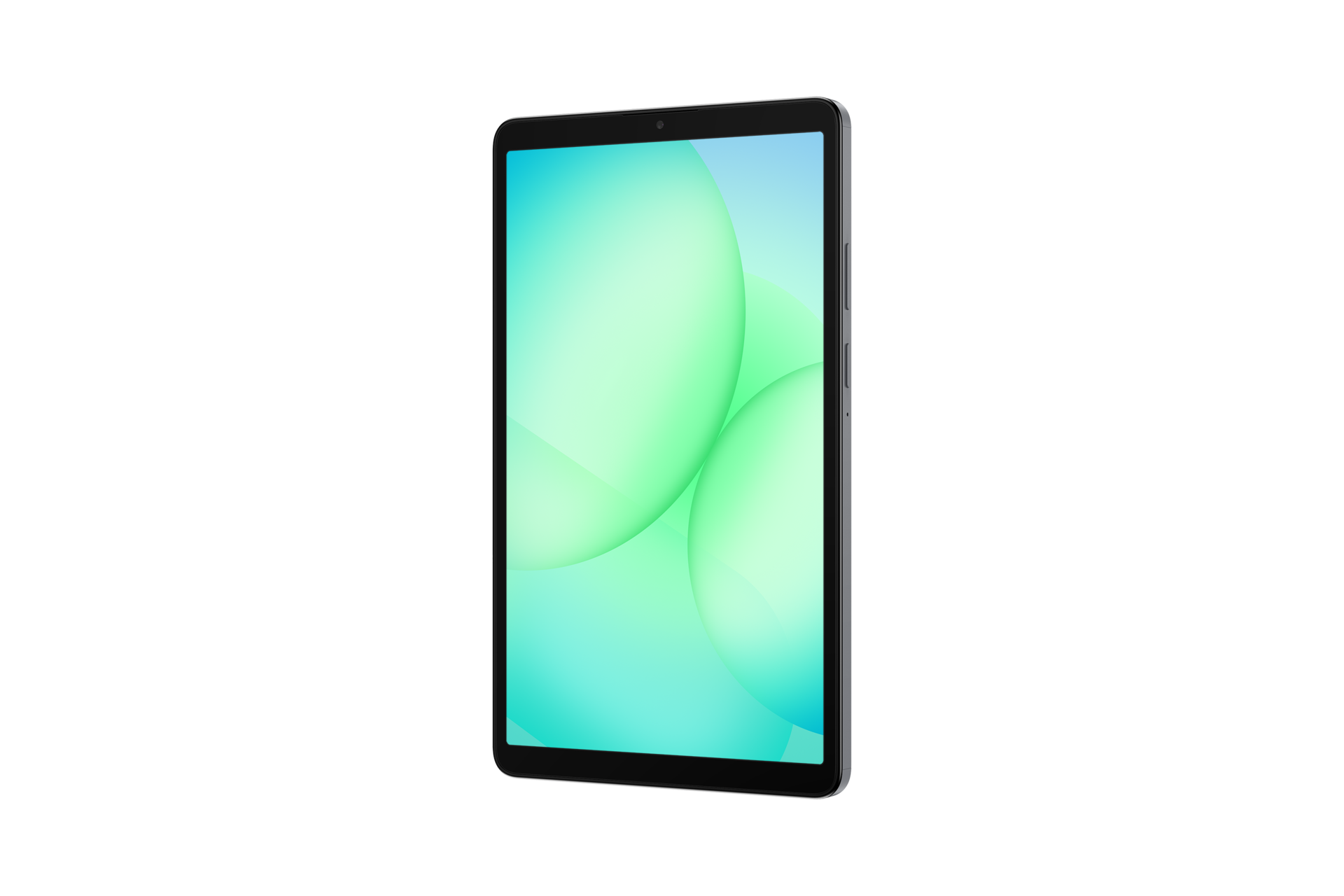 Ein Tablet mit hellgrünem und blauem Display wird vor schwarzem Hintergrund gezeigt. Das Tablet ist silber.
