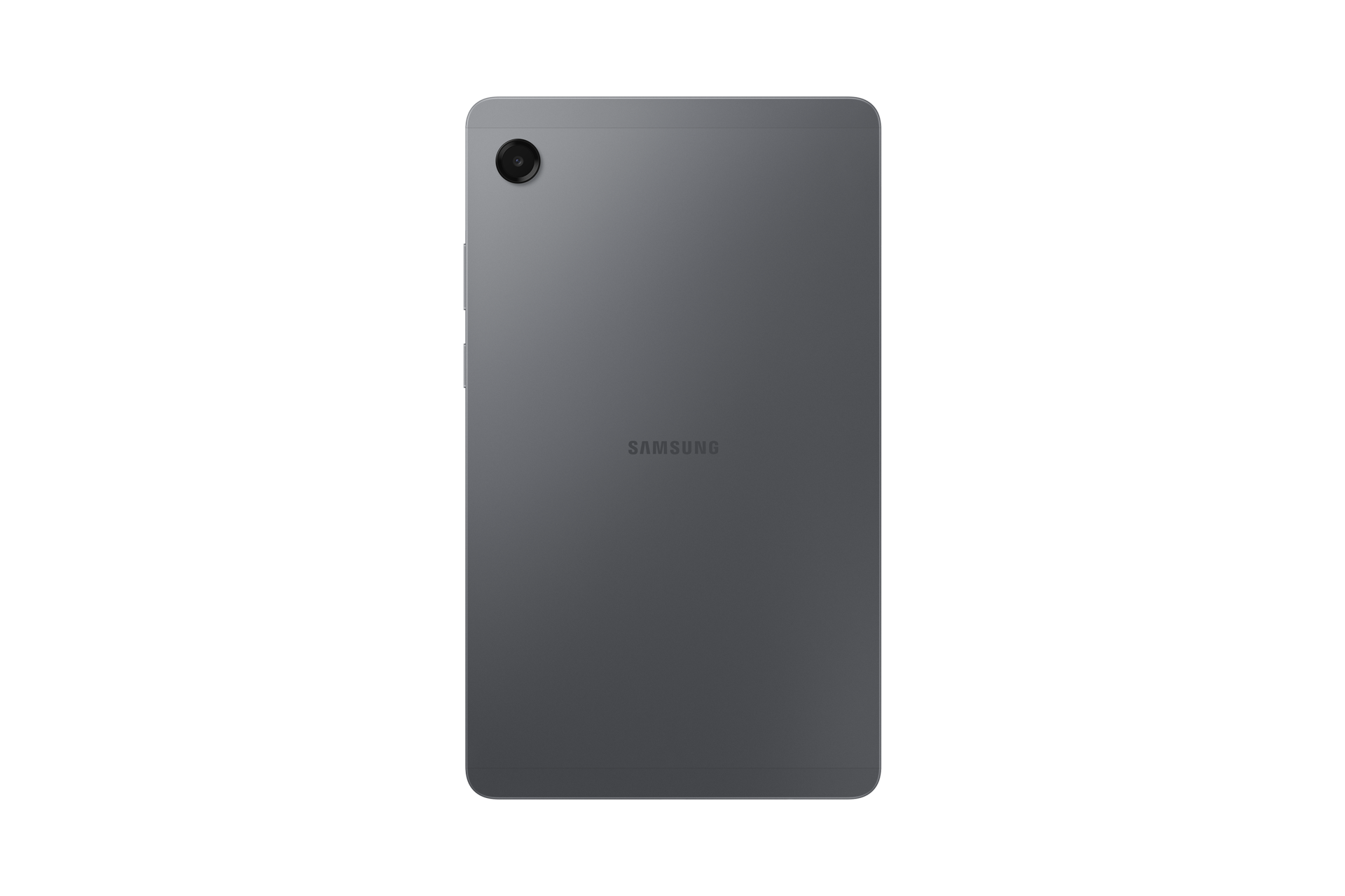 Rückseite eines grauen Samsung-Tablets mit Kamera. Das Samsung-Logo ist zentriert. Der Hintergrund ist schwarz.