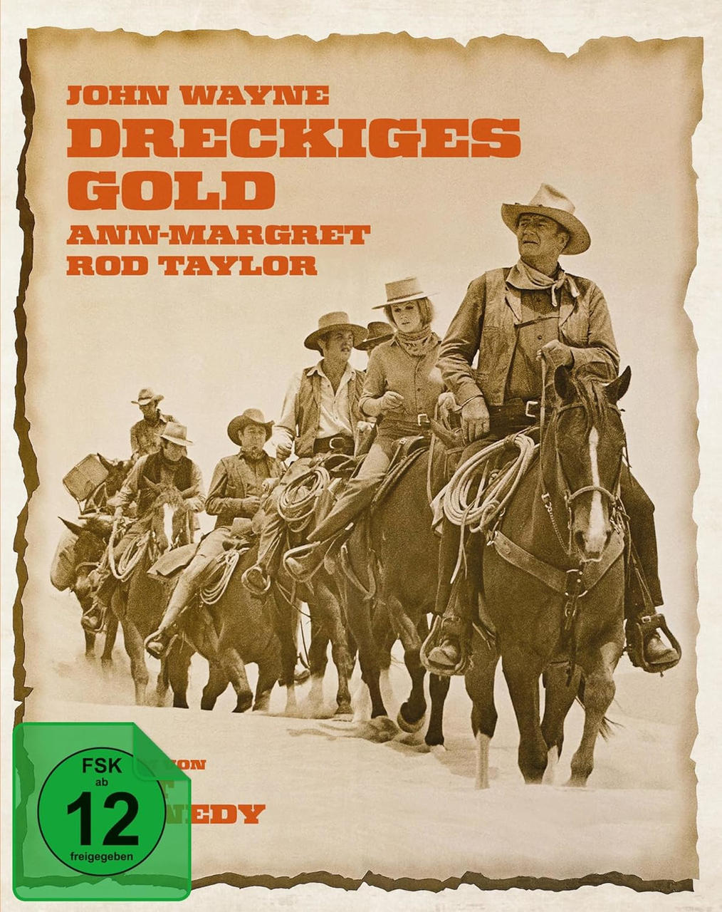 Kinoplakat für 'Dreckiges Gold' mit John Wayne und anderen Reitern in einer Wüstenlandschaft.