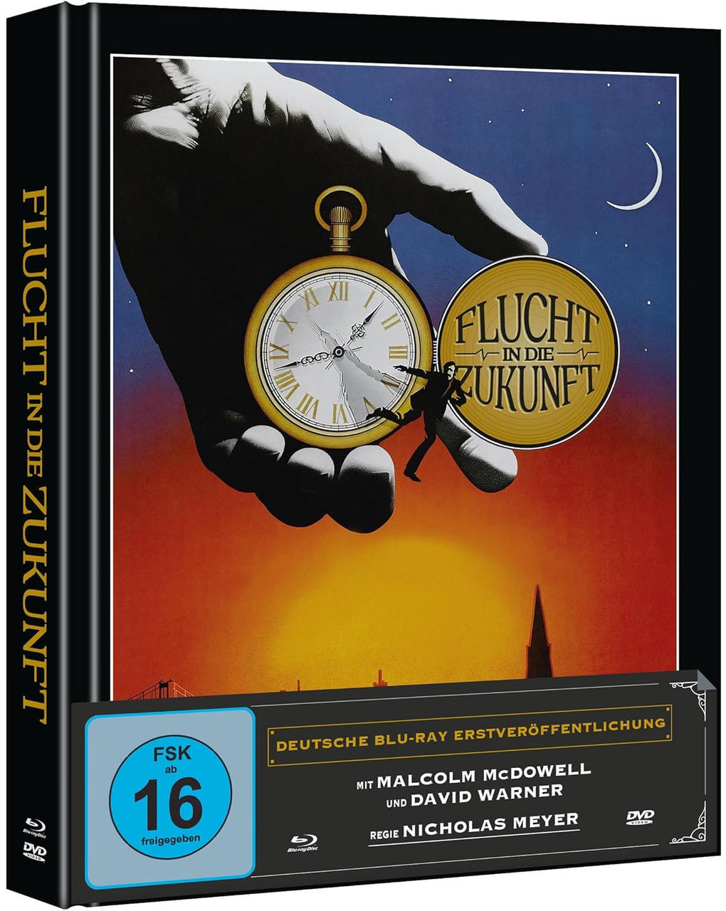 Blu-ray-Cover. Eine Hand hält eine Taschenuhr und eine Scheibe mit Text 'FLUCHT IN DIE ZUKUNFT'. Eine Figur rennt auf die Scheibe zu.