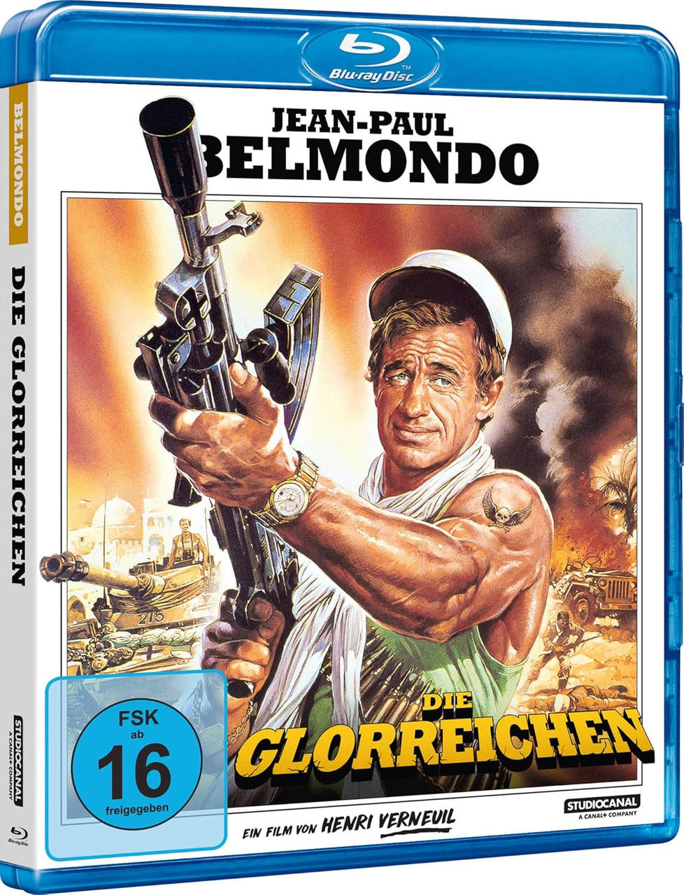 Blu-ray-Cover mit Jean-Paul Belmondo mit Maschinengewehr. Der Titel ist "Die Glorreichen".
