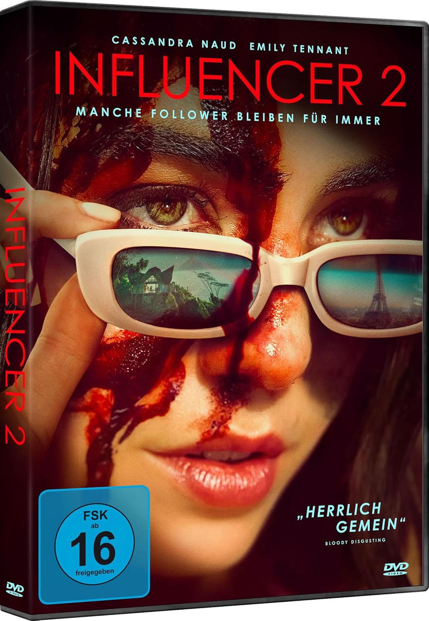 DVD-Cover von "Influencer 2" mit einer Frau mit Blut im Gesicht, die eine Sonnenbrille trägt. Reflexionen zeigen ein Haus und den Eiffelturm.
