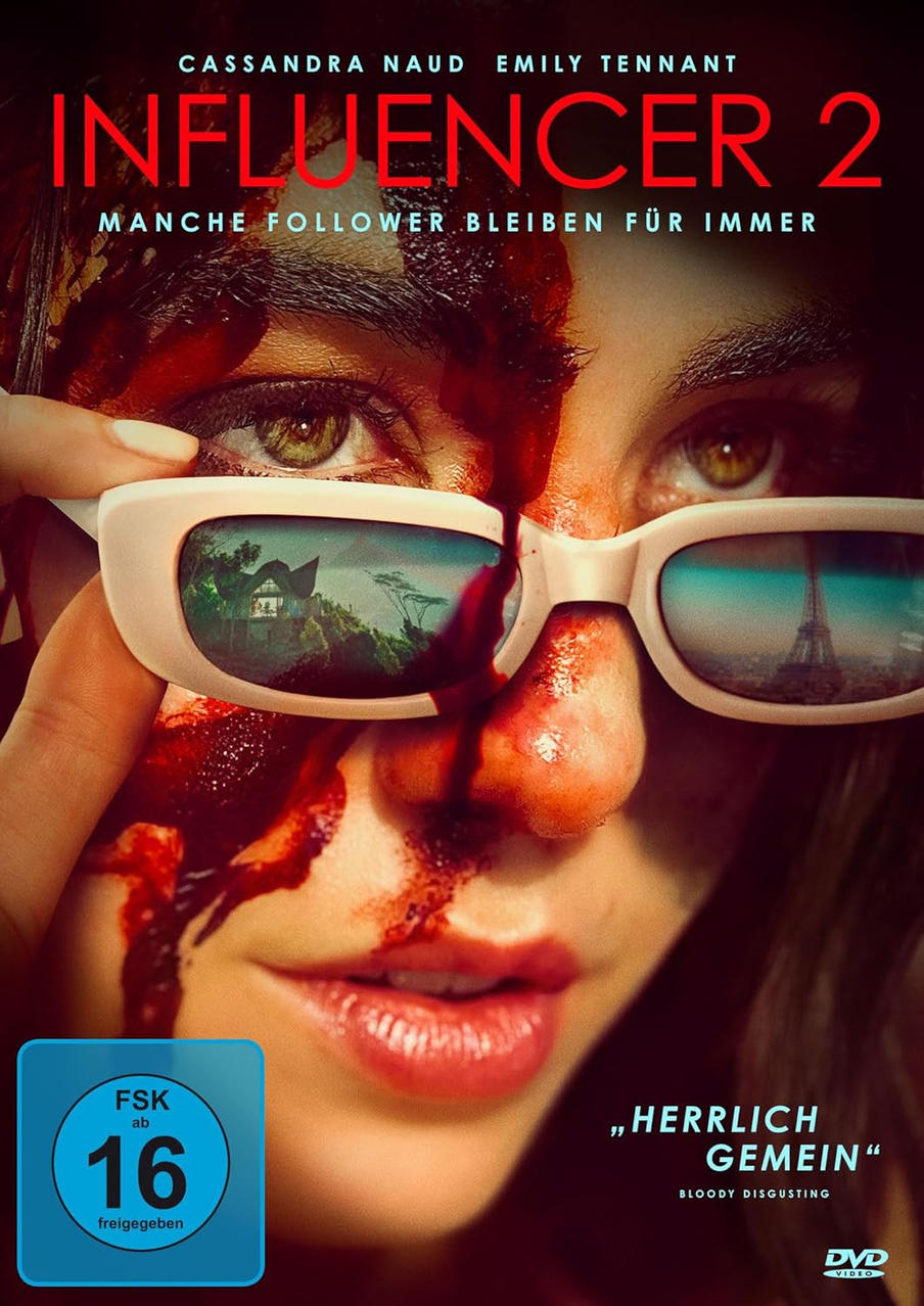 Poster für "Influencer 2". Eine Person mit Blut im Gesicht trägt eine Brille, die ein Haus und den Eiffelturm reflektiert. Roter Text oben.