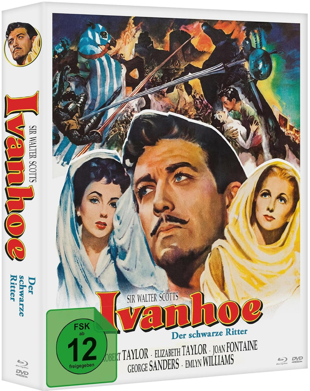 DVD-Cover des Films Ivanhoe. Gesichter von Schauspielern sind prominent. Ritter und ein sich küssendes Paar sind ebenfalls im Hintergrund zu sehen.